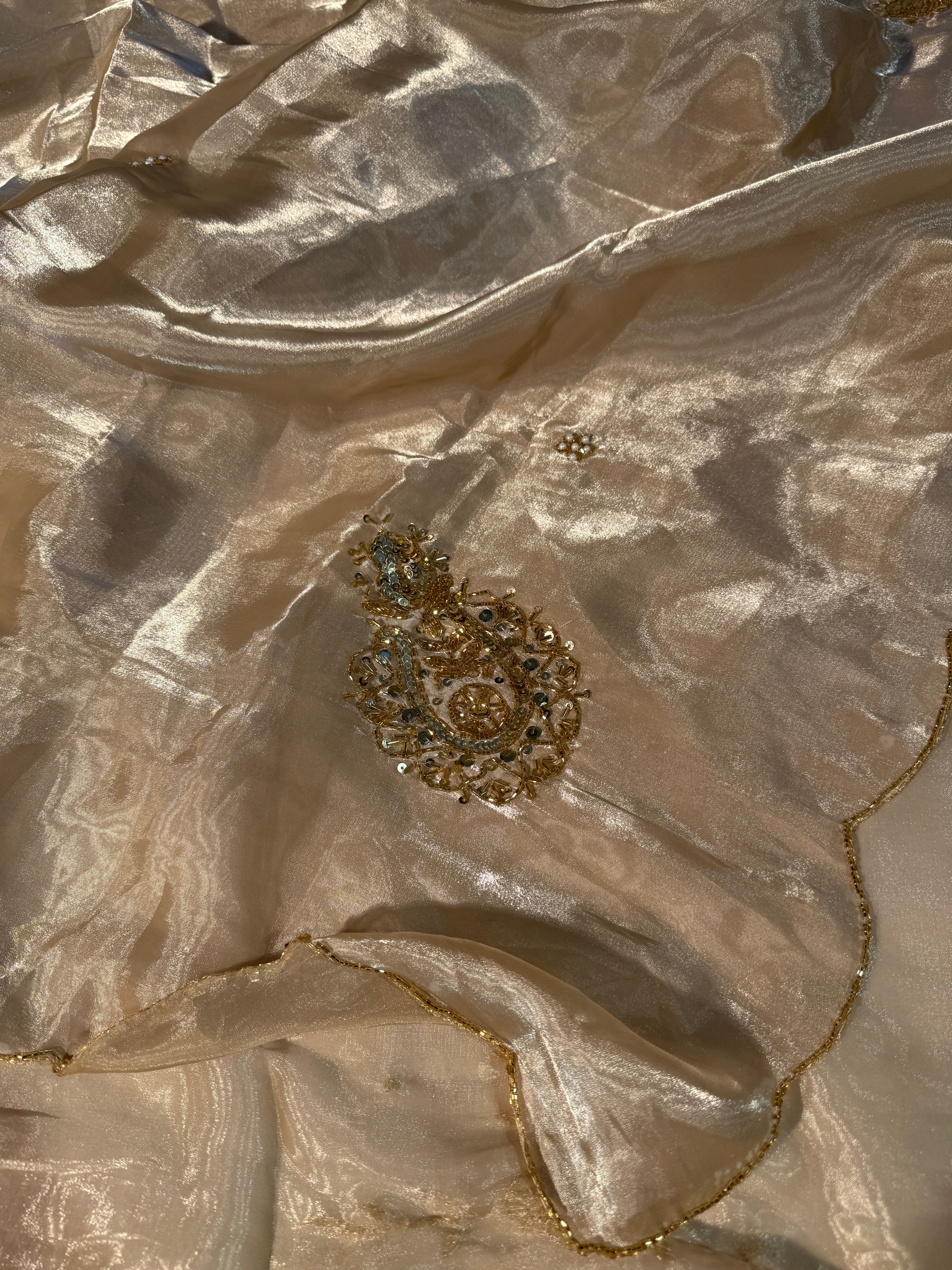 Ivory Shade Premium Shimmery Tissue Silk Handwork Saree