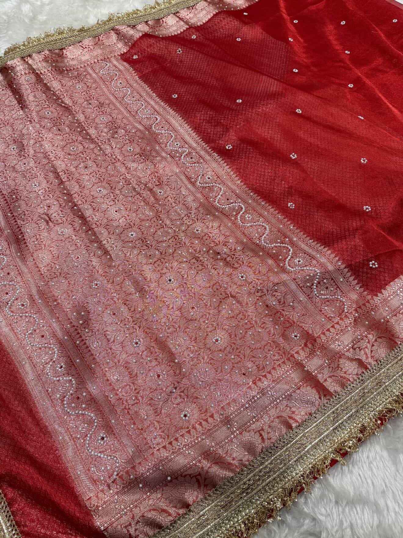 Metallic Red Premium Tissue Silk Saree Hand Moti Stone Work with Lace Attached