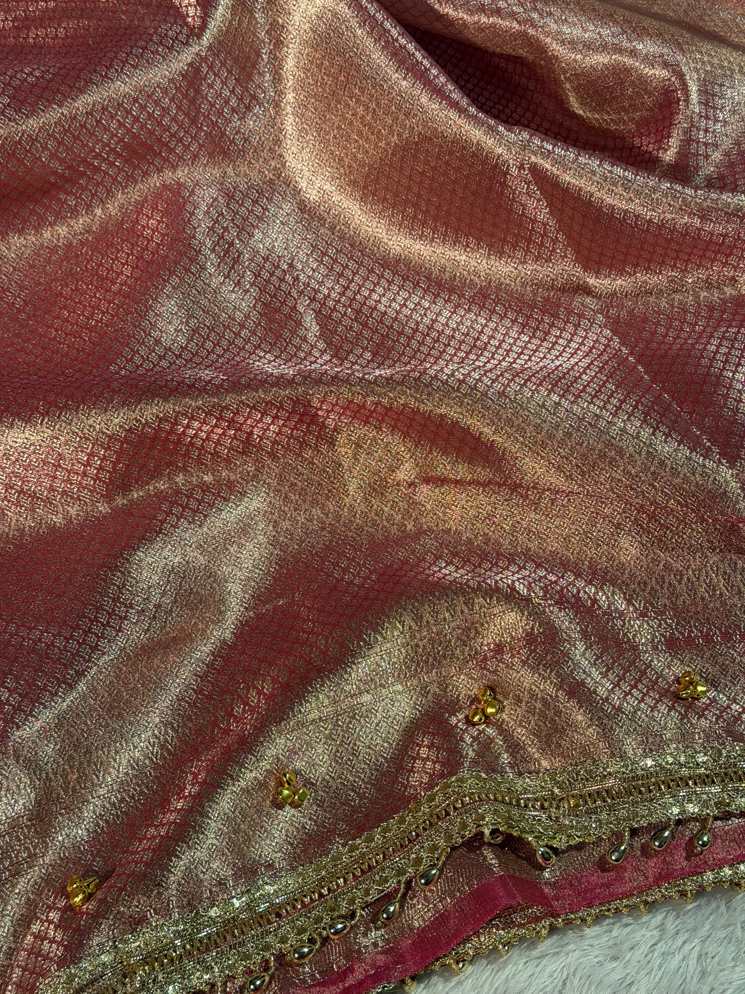 Ghungroo Handwork Metallic Pink Premium Tissue Silk Banarasi Saree
