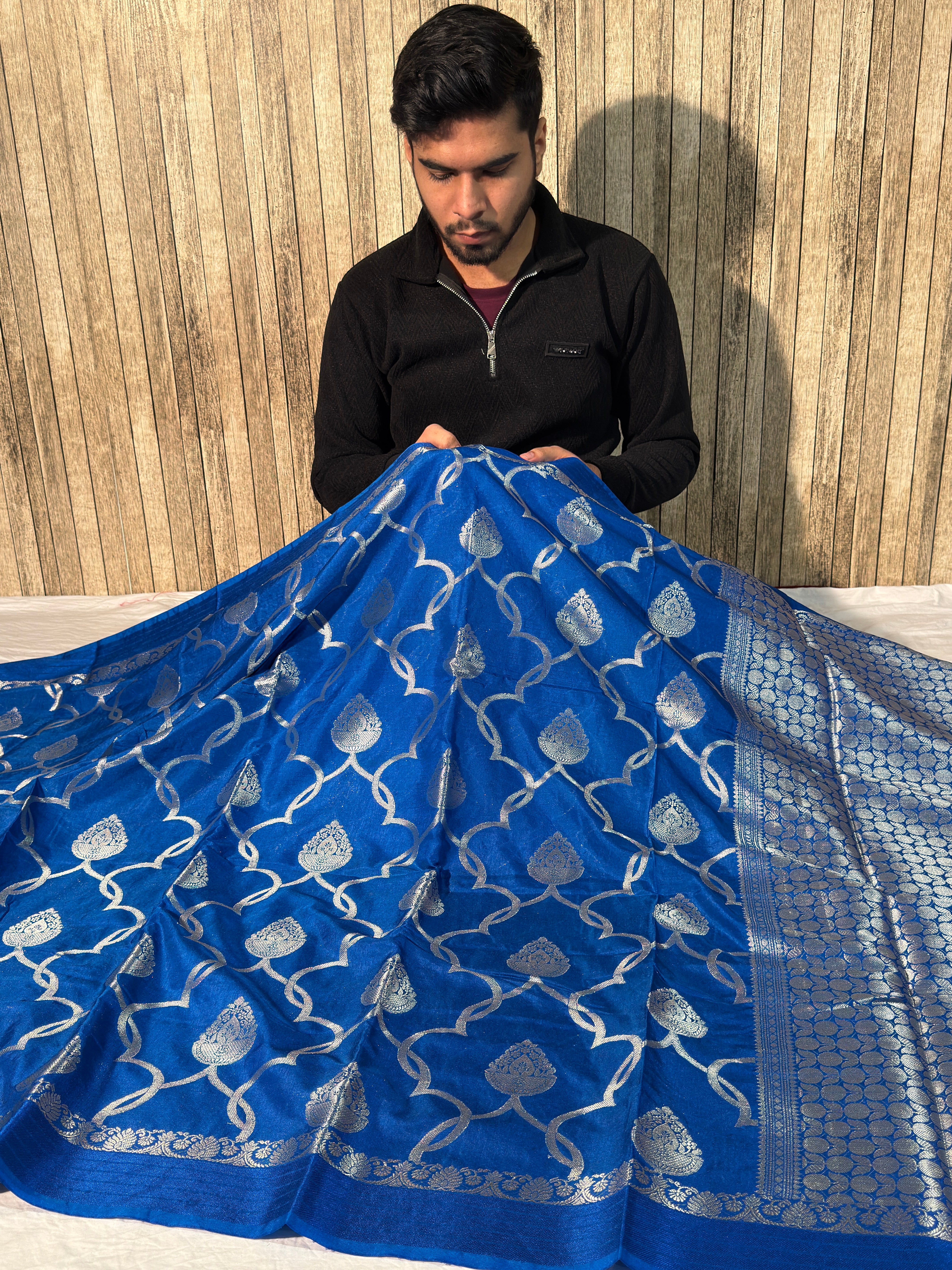 German Blue Premium Chiniya Silk Banarasi Saree with Mehrab Jaal Weave