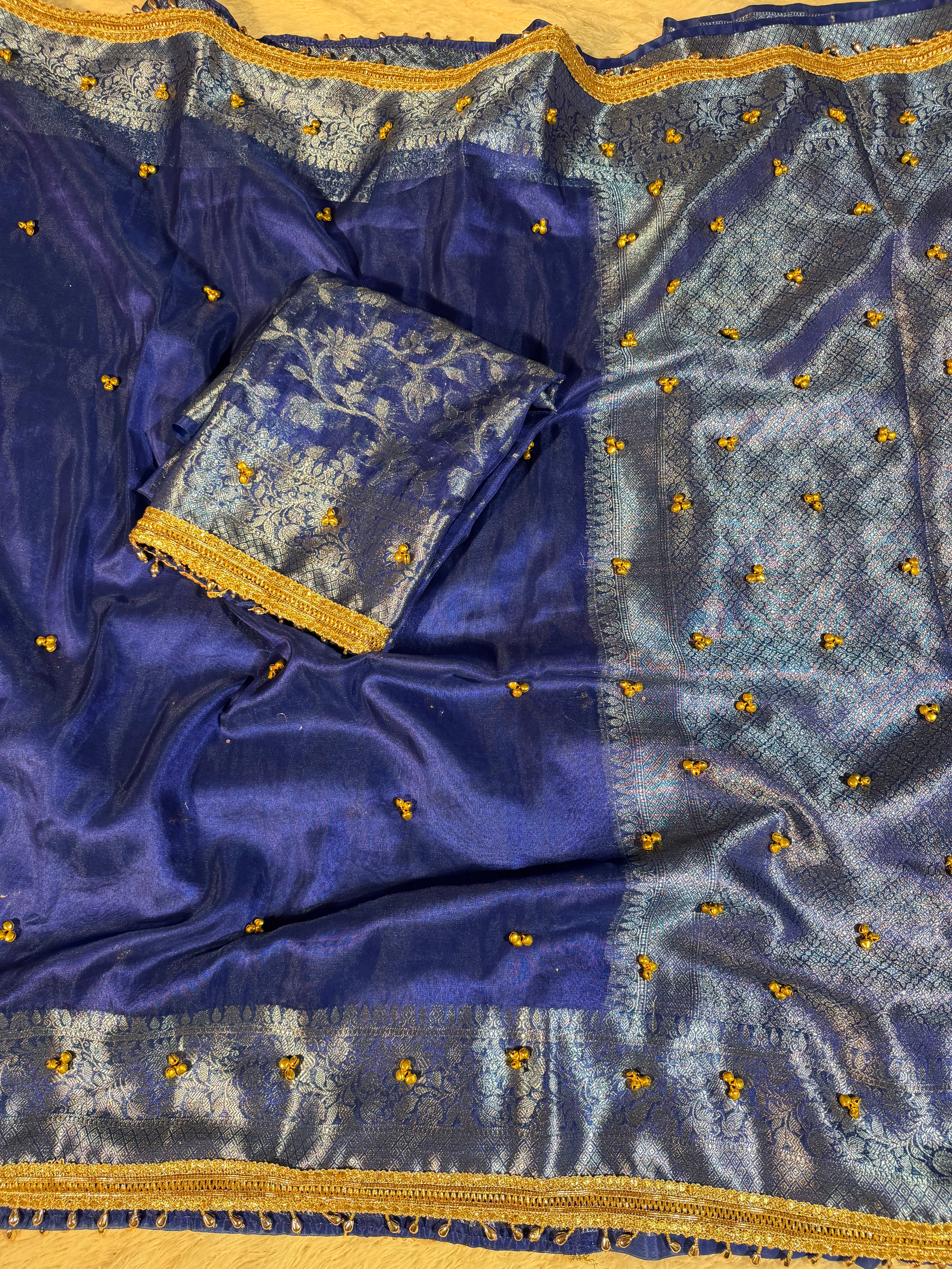 Ghungroo Handwork Metallic Royal Blue Premium Tissue Silk Banarasi Saree
