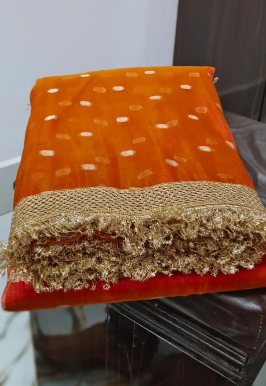 Cosmic Orange Bridal Banarasi Tissue Silk Saree with Premium Lace