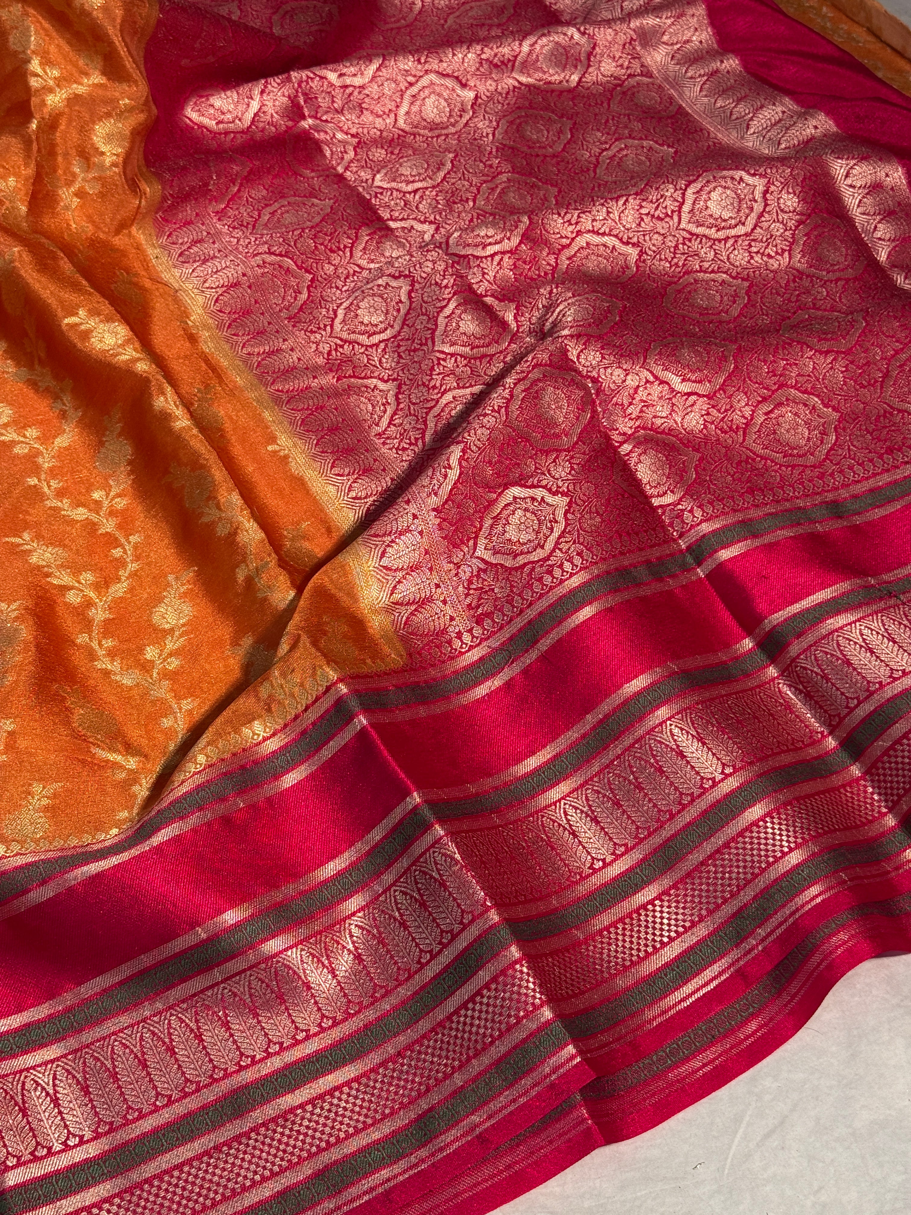 Contrast Orange with Pink Premium Soft Banarasi Chiniya Silk Saree