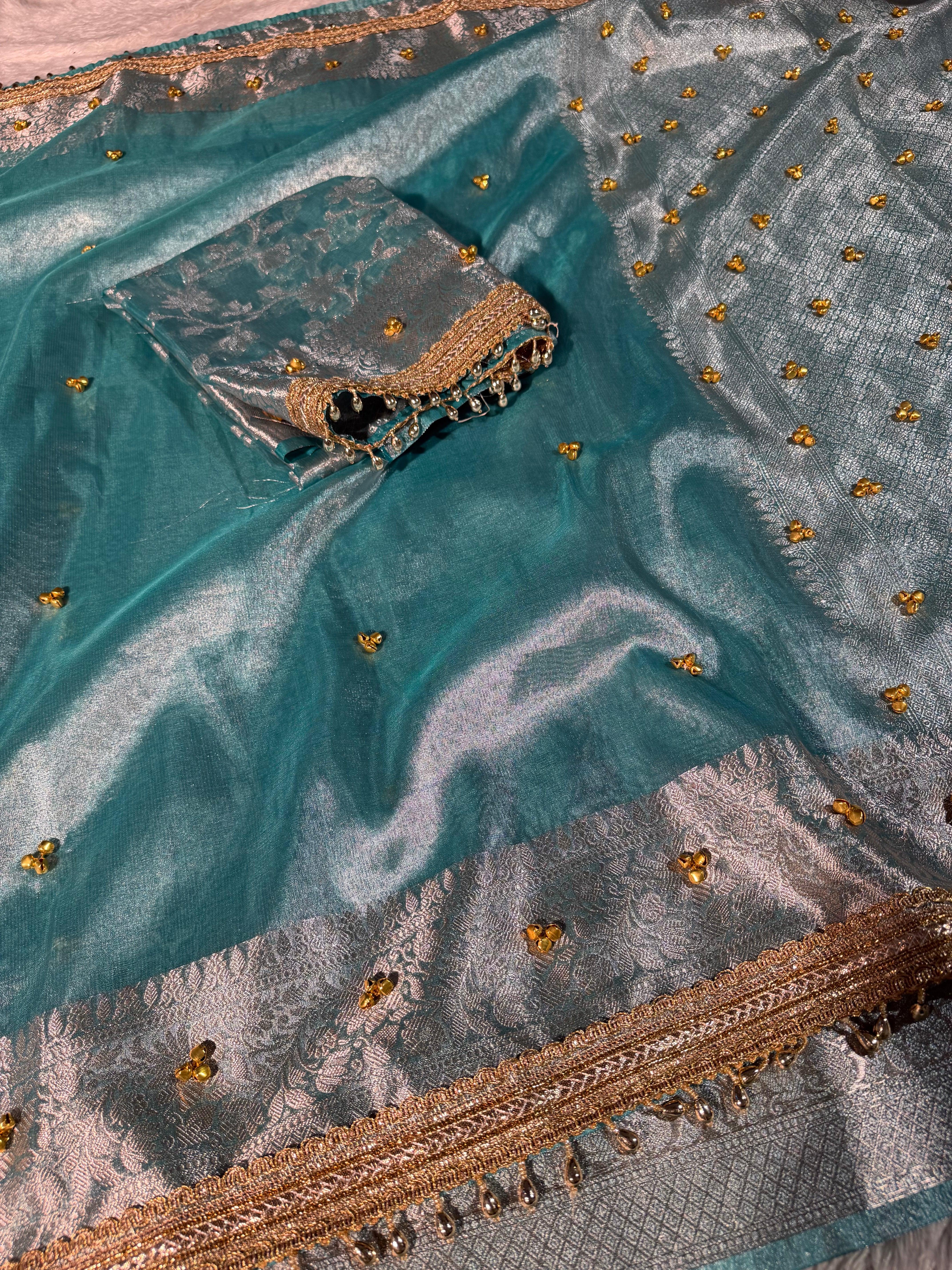 Ghungroo Handwork Metallic Seagreen Premium Tissue Silk Banarasi Saree
