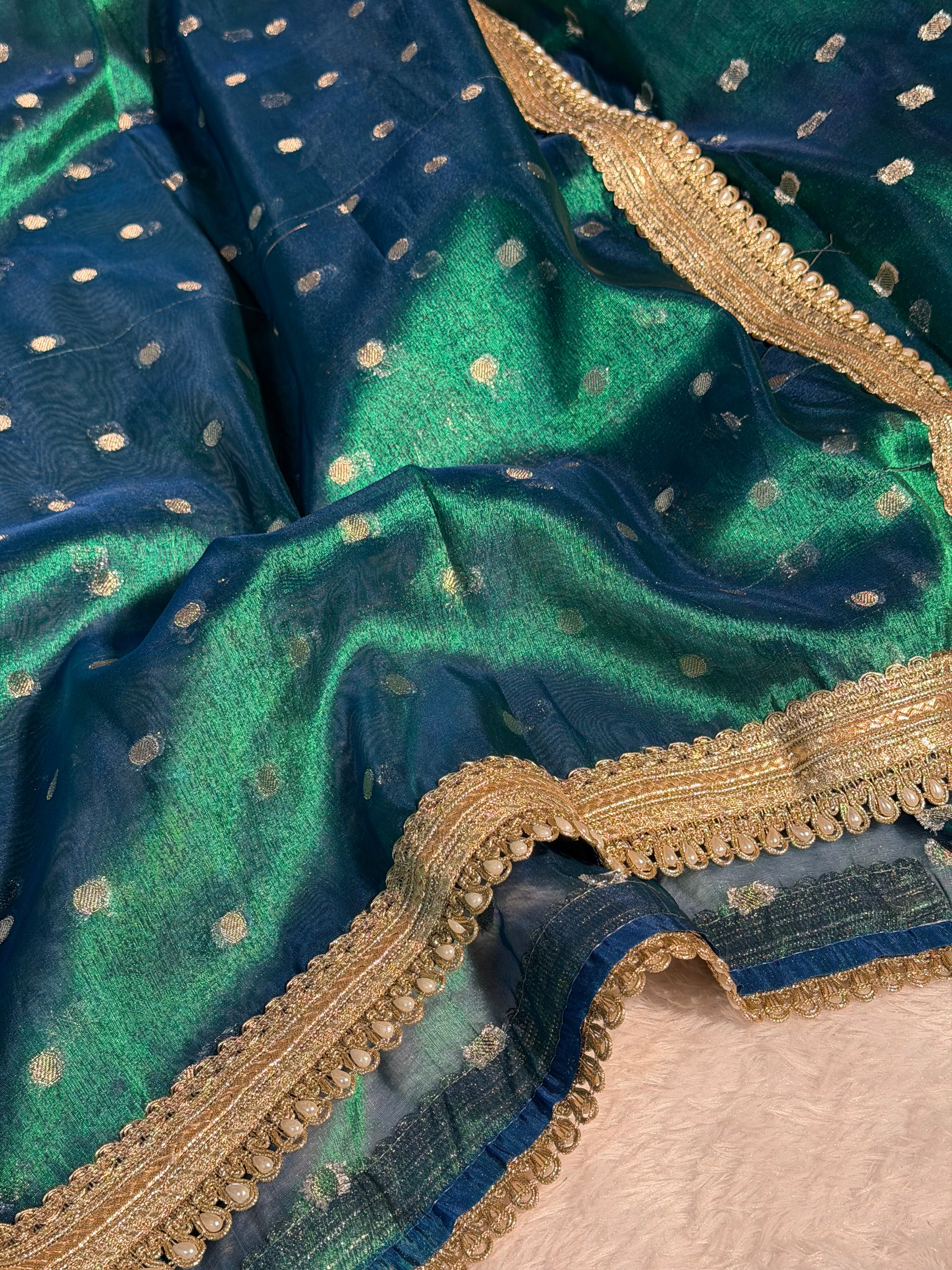 Metallic Sapphire Green Tissue Silk Banarasi Saree with Moti Lace Attached
