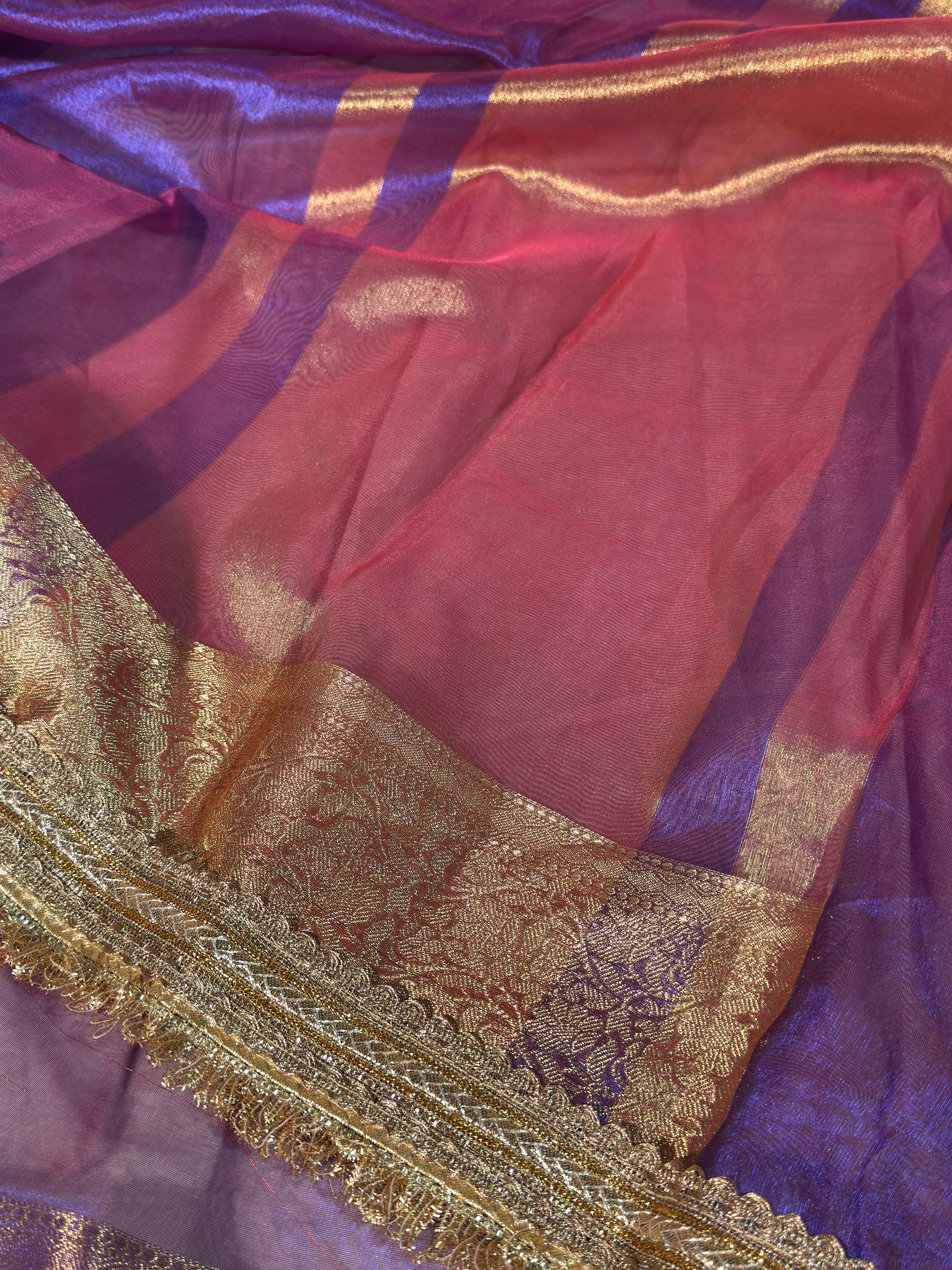 Rare Baigani Bridal Tissue Silk Lace Work Banarasi Saree