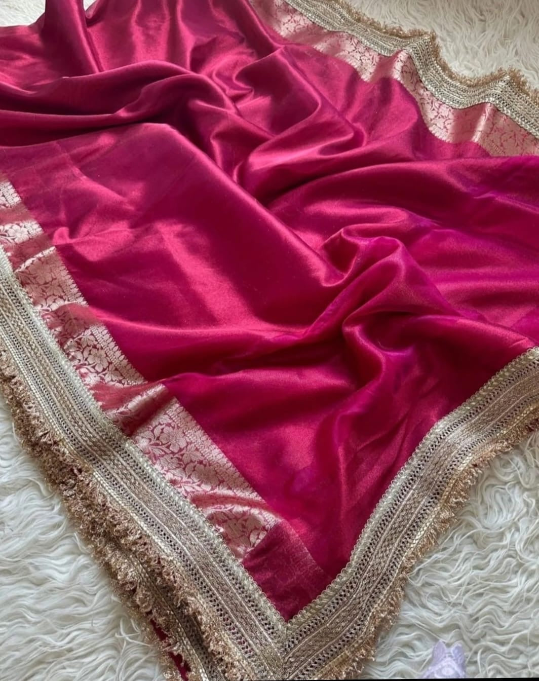Rani Pink Premium Tissue Silk Lace Work Banarasi Saree