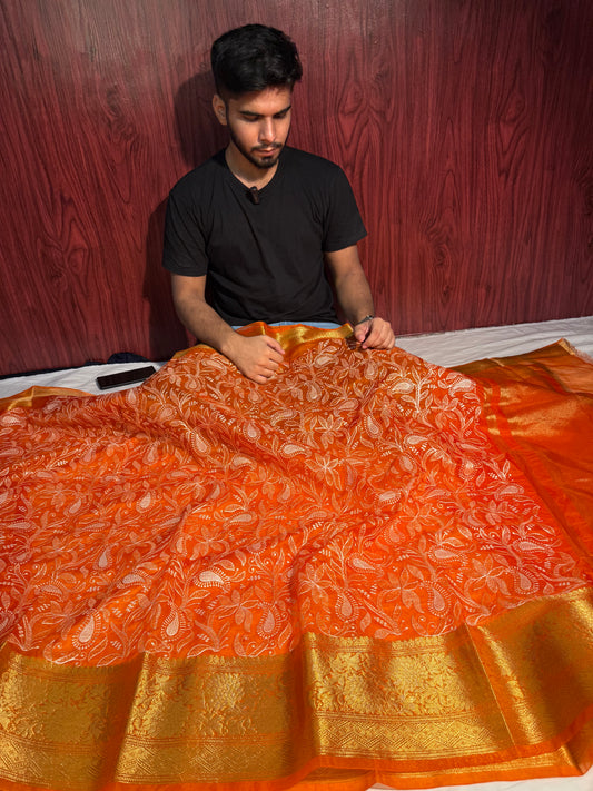 Cosmic Orange Premium Chikankari Embroidered Organza Banarasi Saree