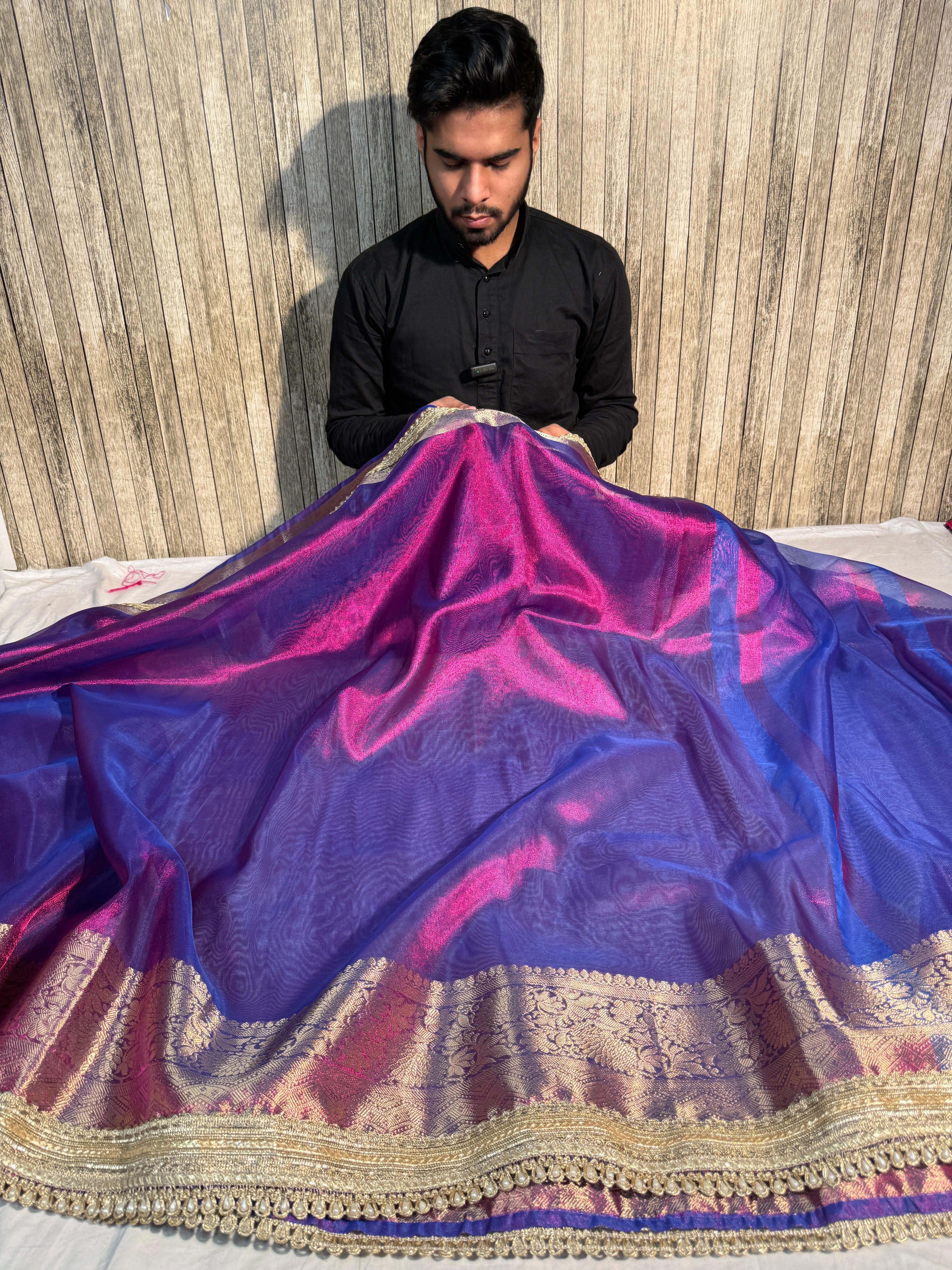Rare Baigani Premium Tissue Silk Moti Lace Attached Banarasi Saree