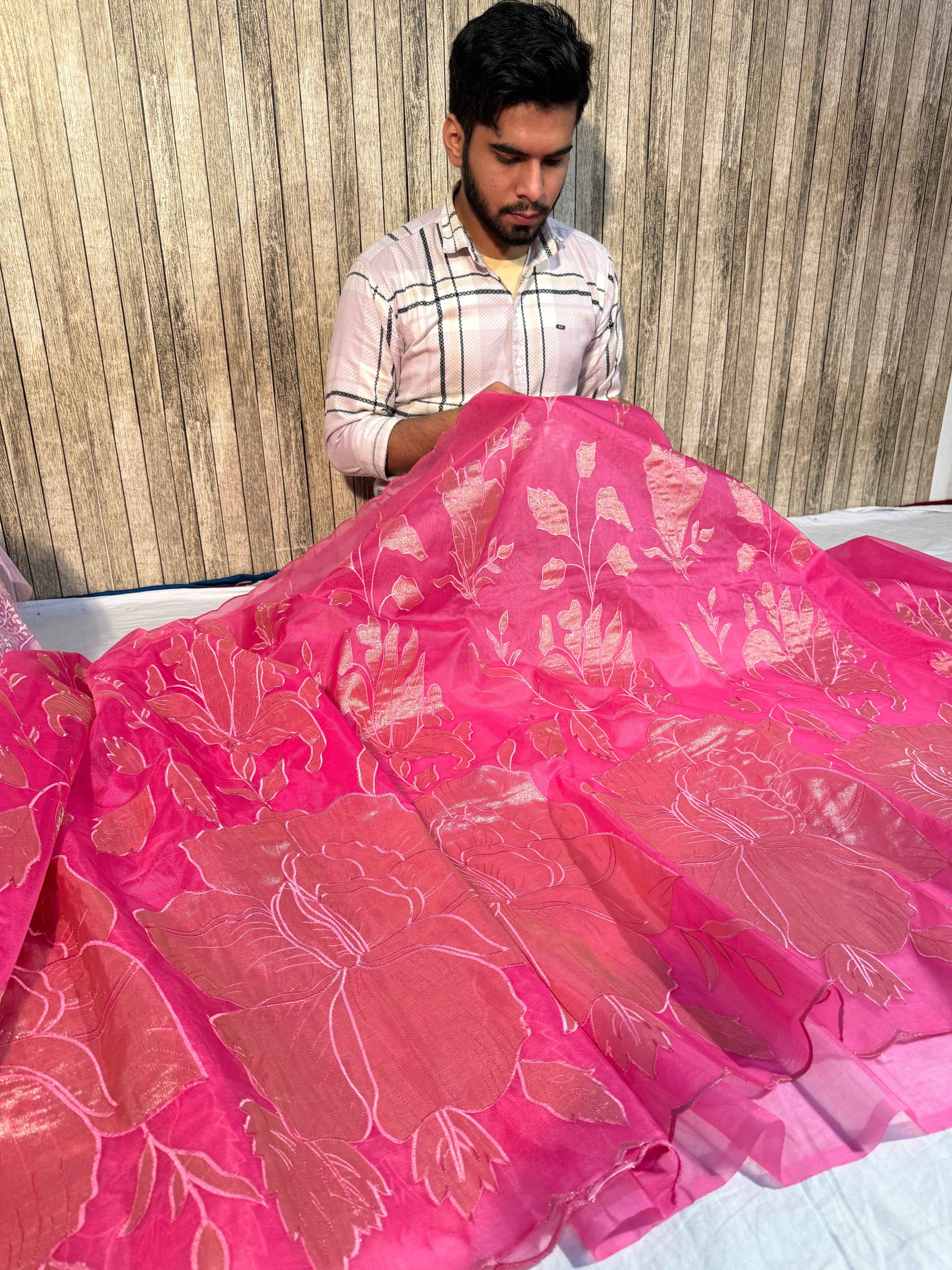 Pastel Pink Premium Organza Silk Banarasi Saree with Tissue Applique Work