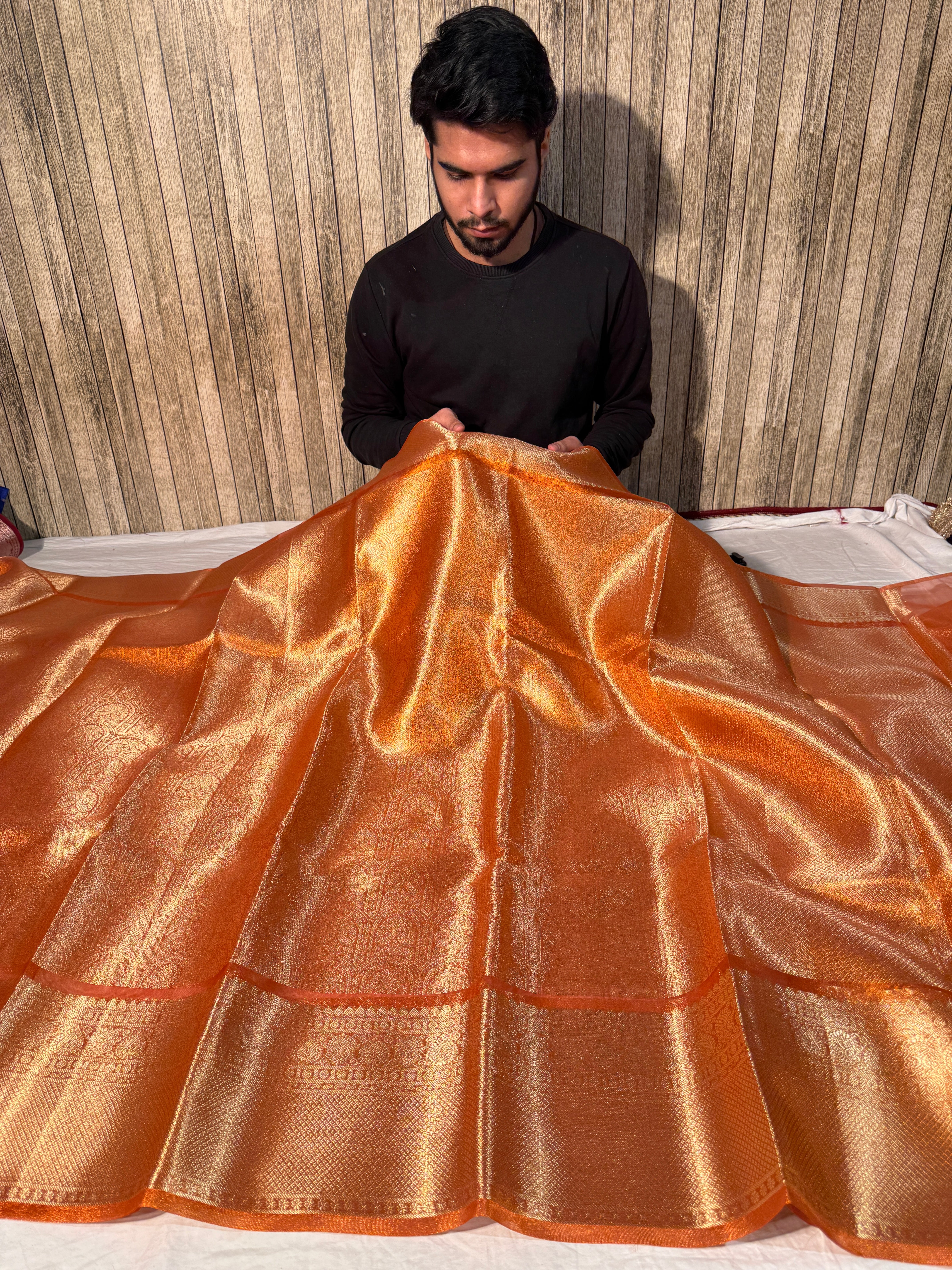 Metallic Orange Premium Kanjivaram Brocade Tissue Silk Banarasi Saree
