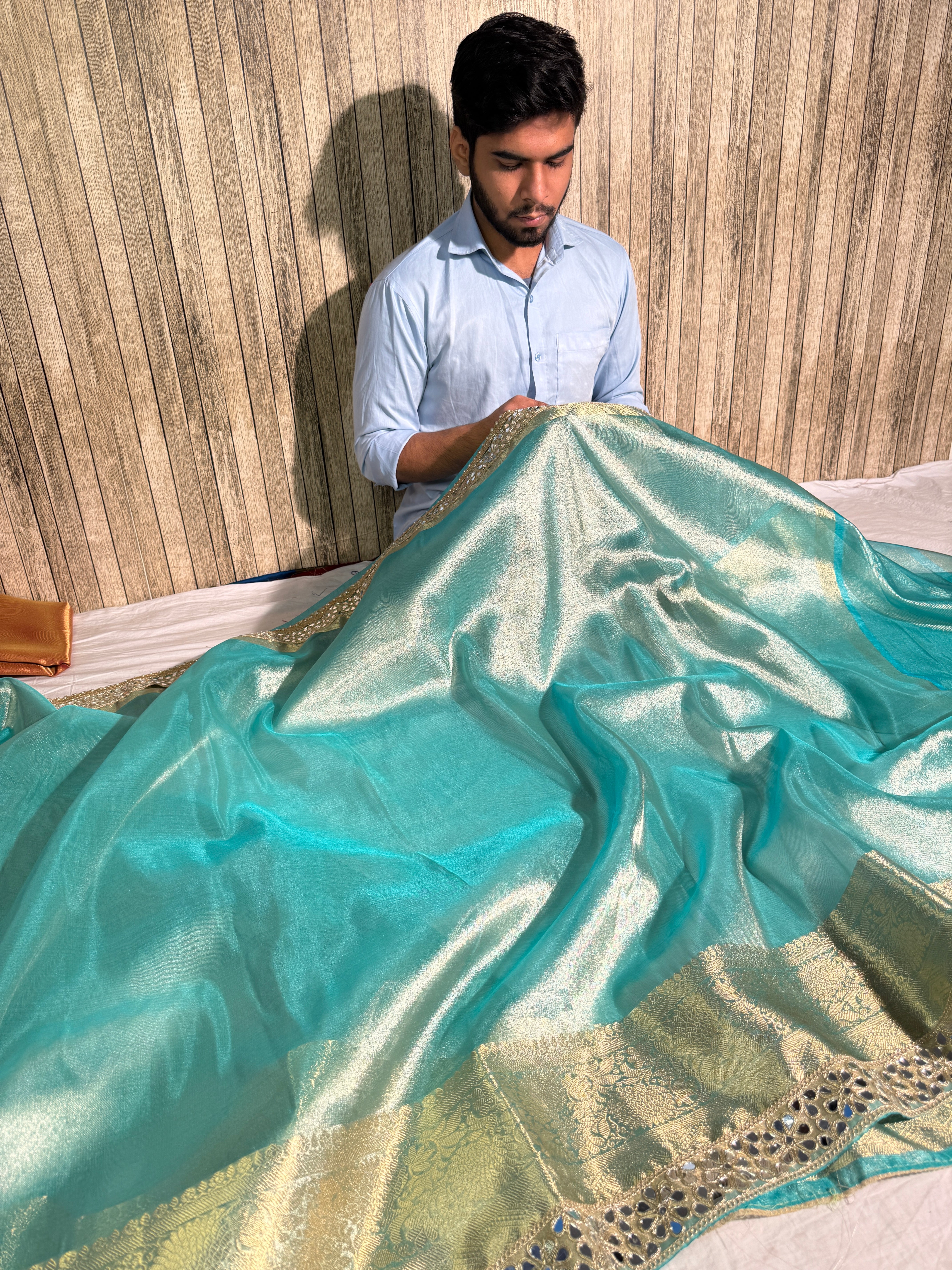 Sea Green Premium Tissue Silk Mirror Lace Work Banarasi Saree