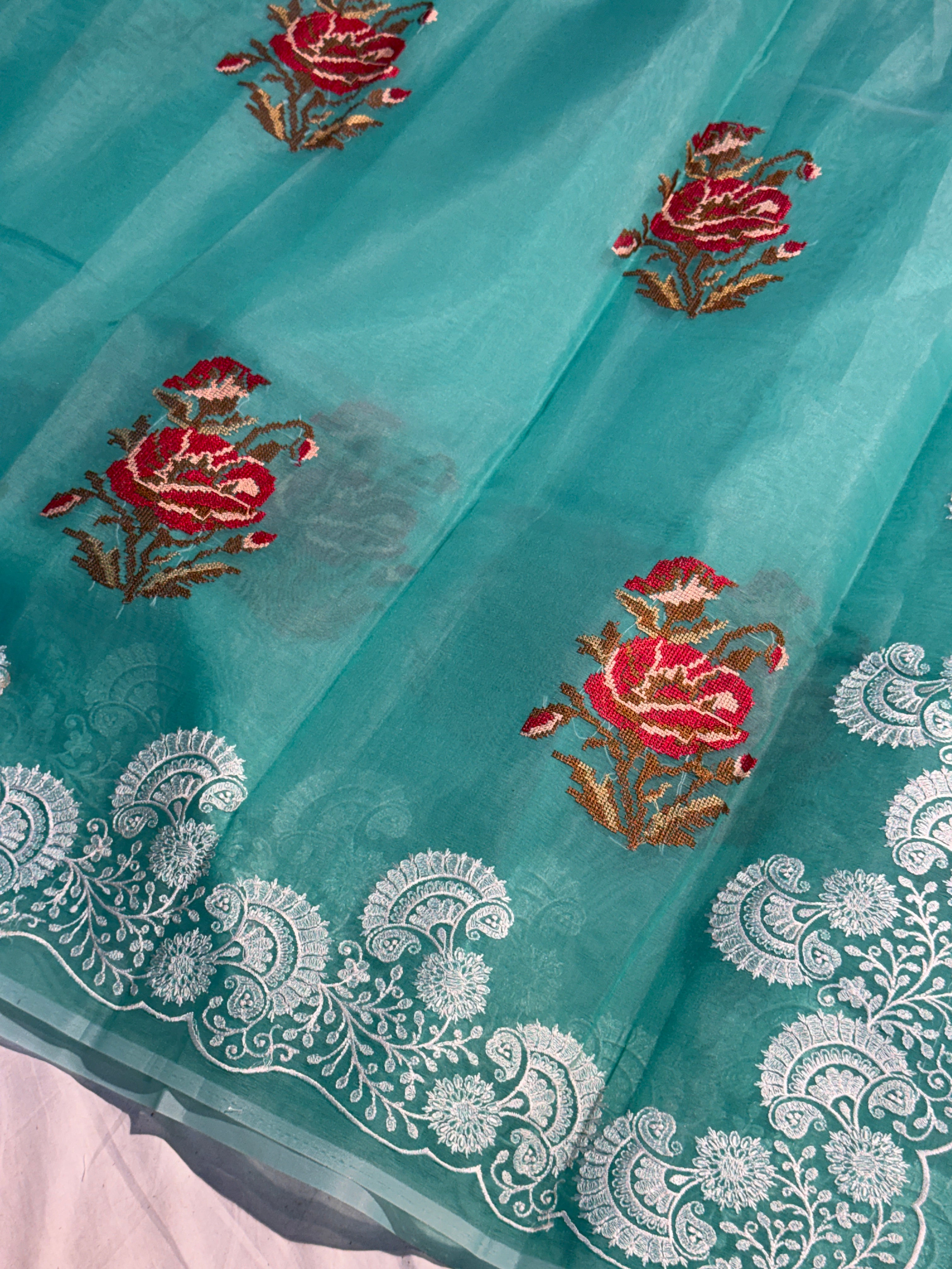 Pretty Seagreen Multi Floral Chikankari Banarasi Organza Silk Saree