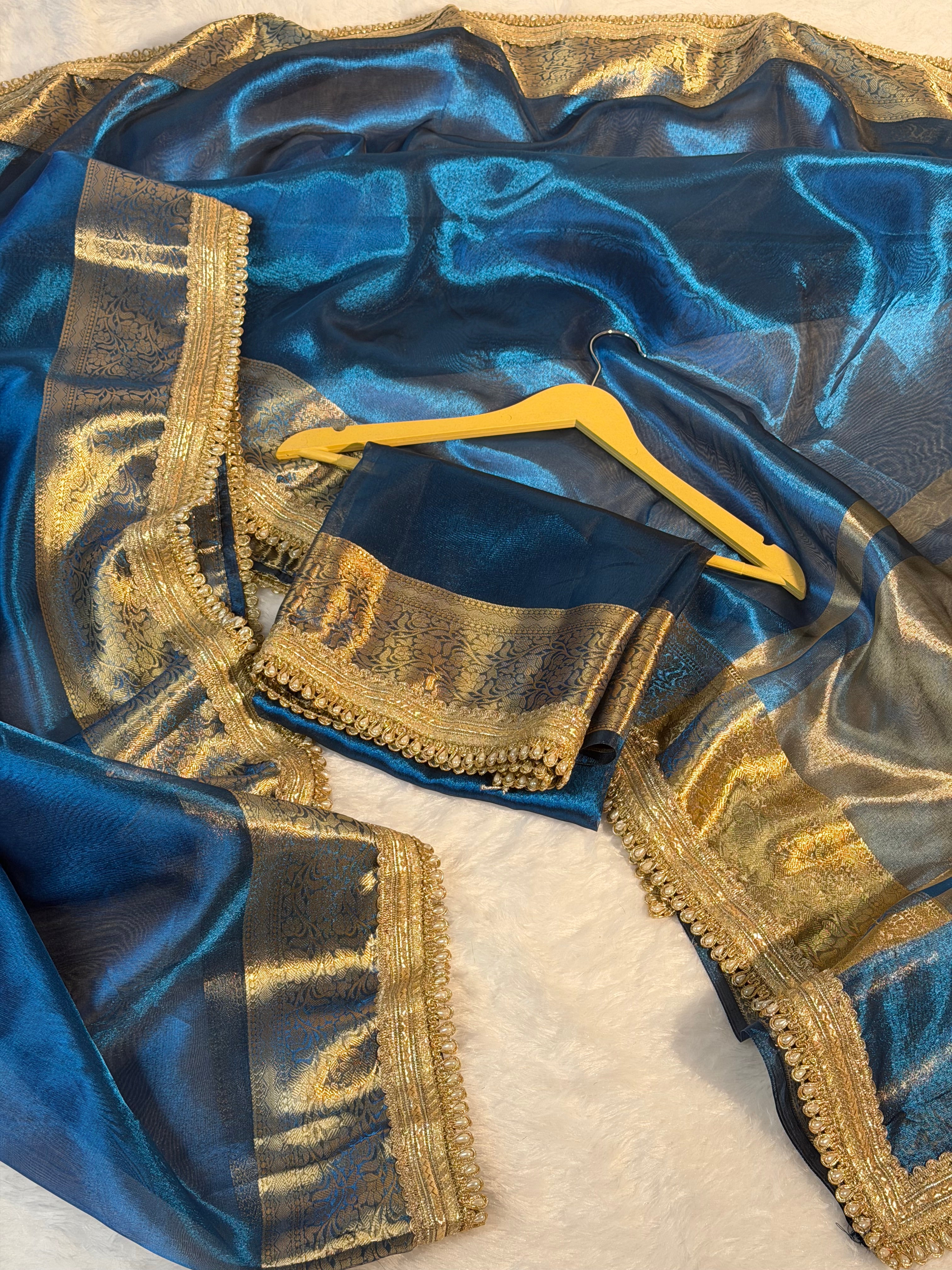 Metallic Firozi Premium Tissue Silk Banarasi Saree with Moti Lace Attached