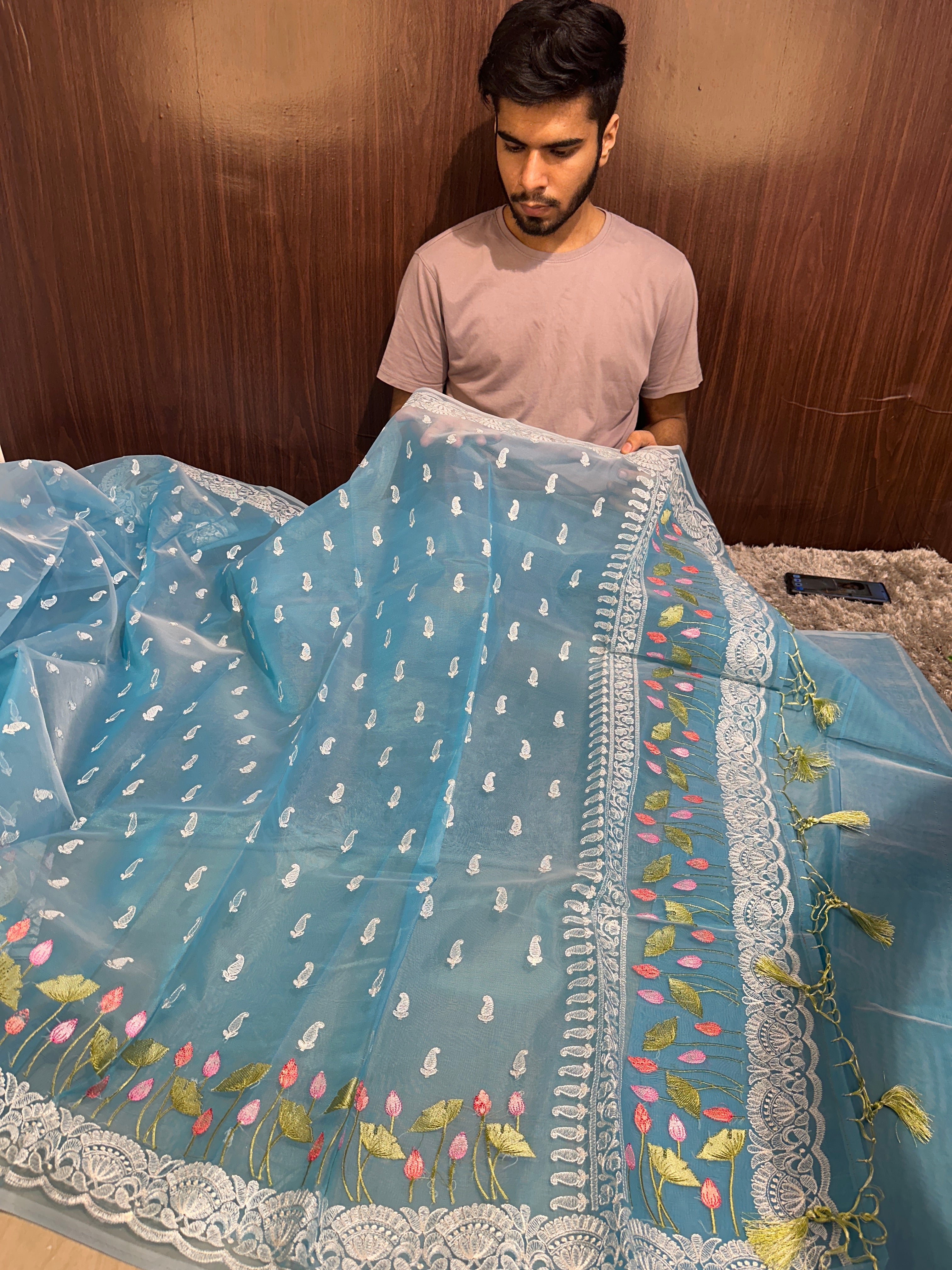 Pretty Firozi Multi Floral Chikankari Banarasi Organza Silk Saree