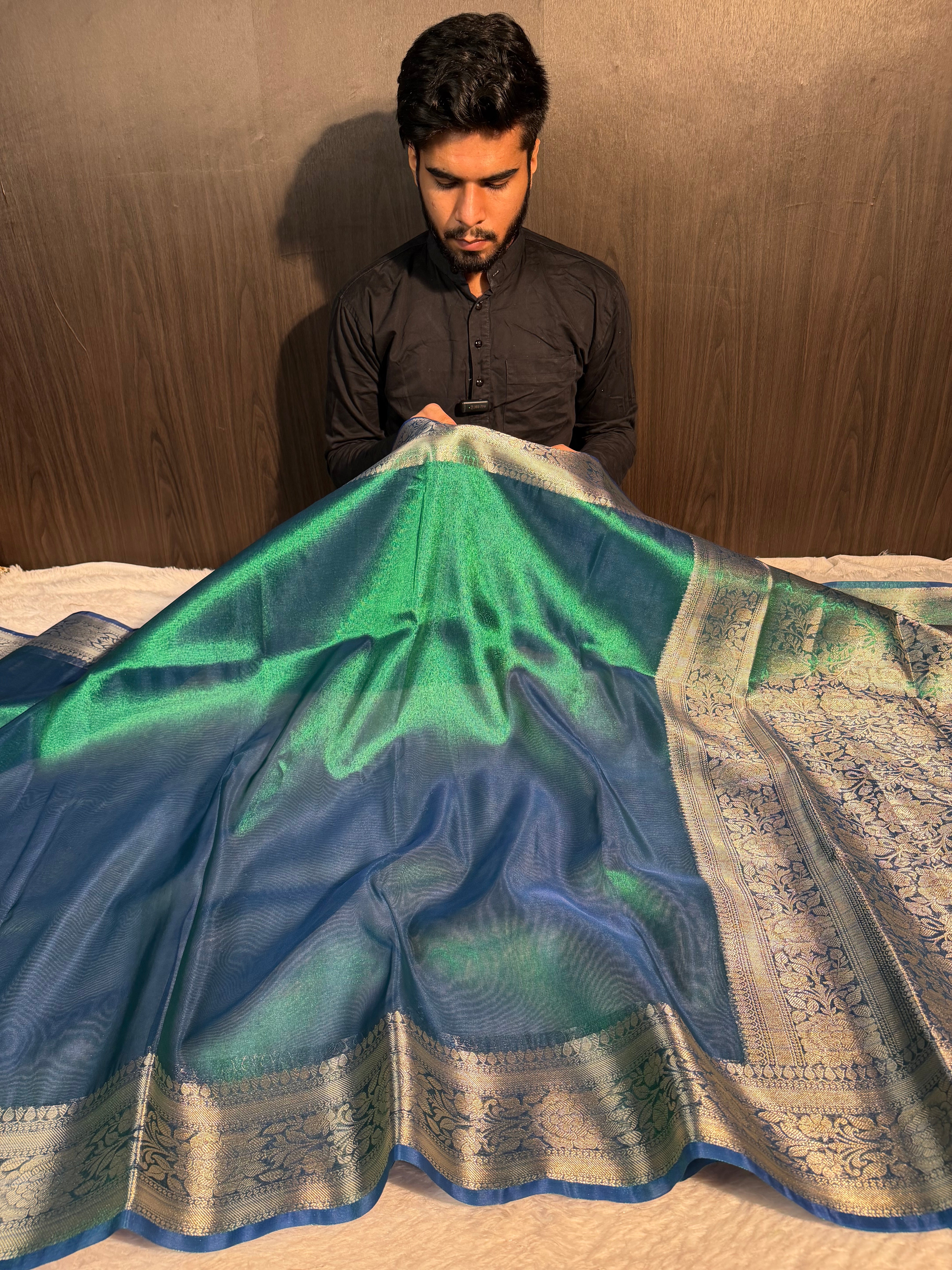Dual Shaded Sapphire Green Premium Tissue Silk Banarasi Saree