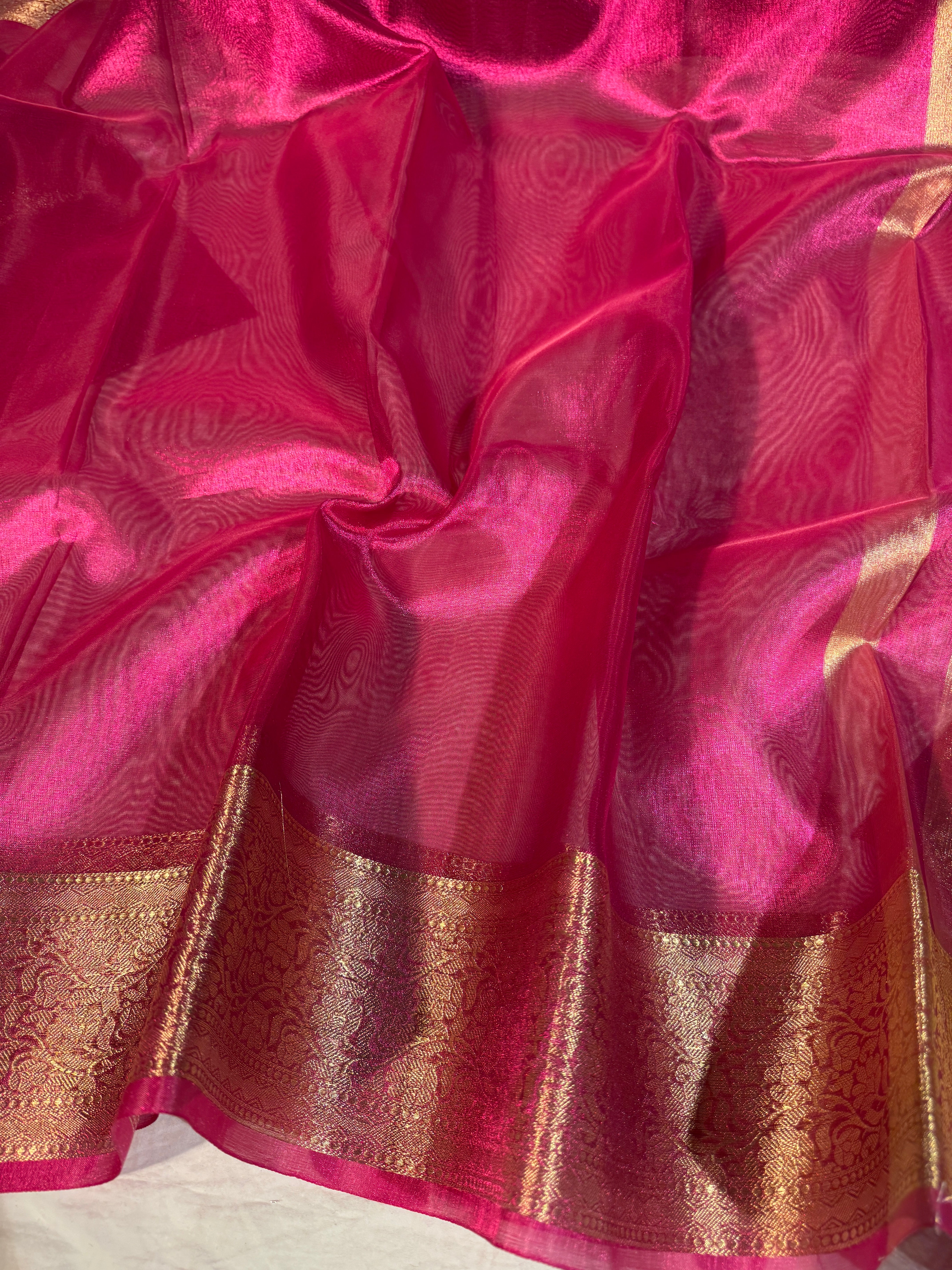 Metallic Rani Pink Premium Tissue Silk Saree with Traditional Floral Weave Borders