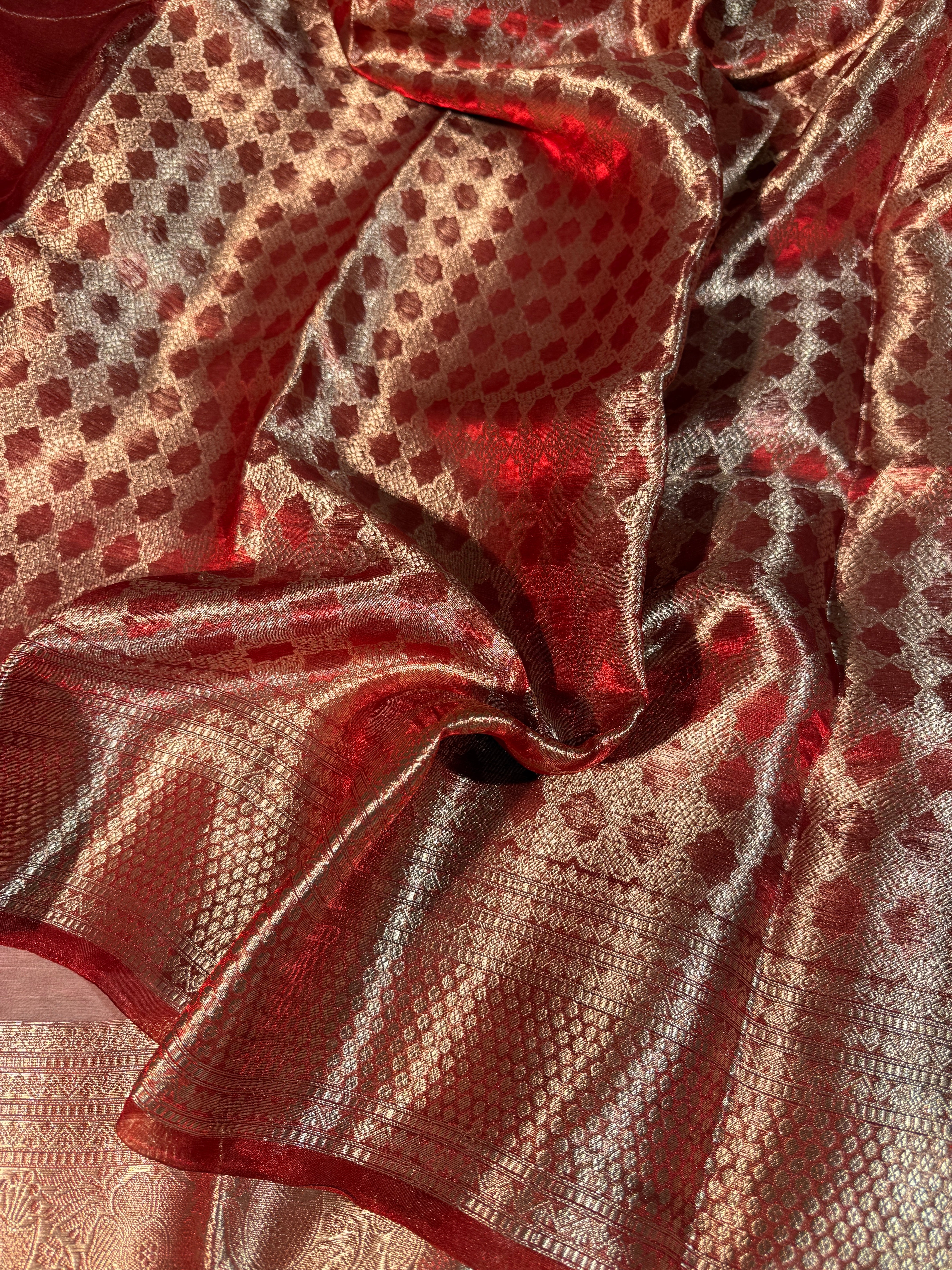 Carmine Red Pure Tissue Silk Banarasi Saree with Traditional Weave Borders