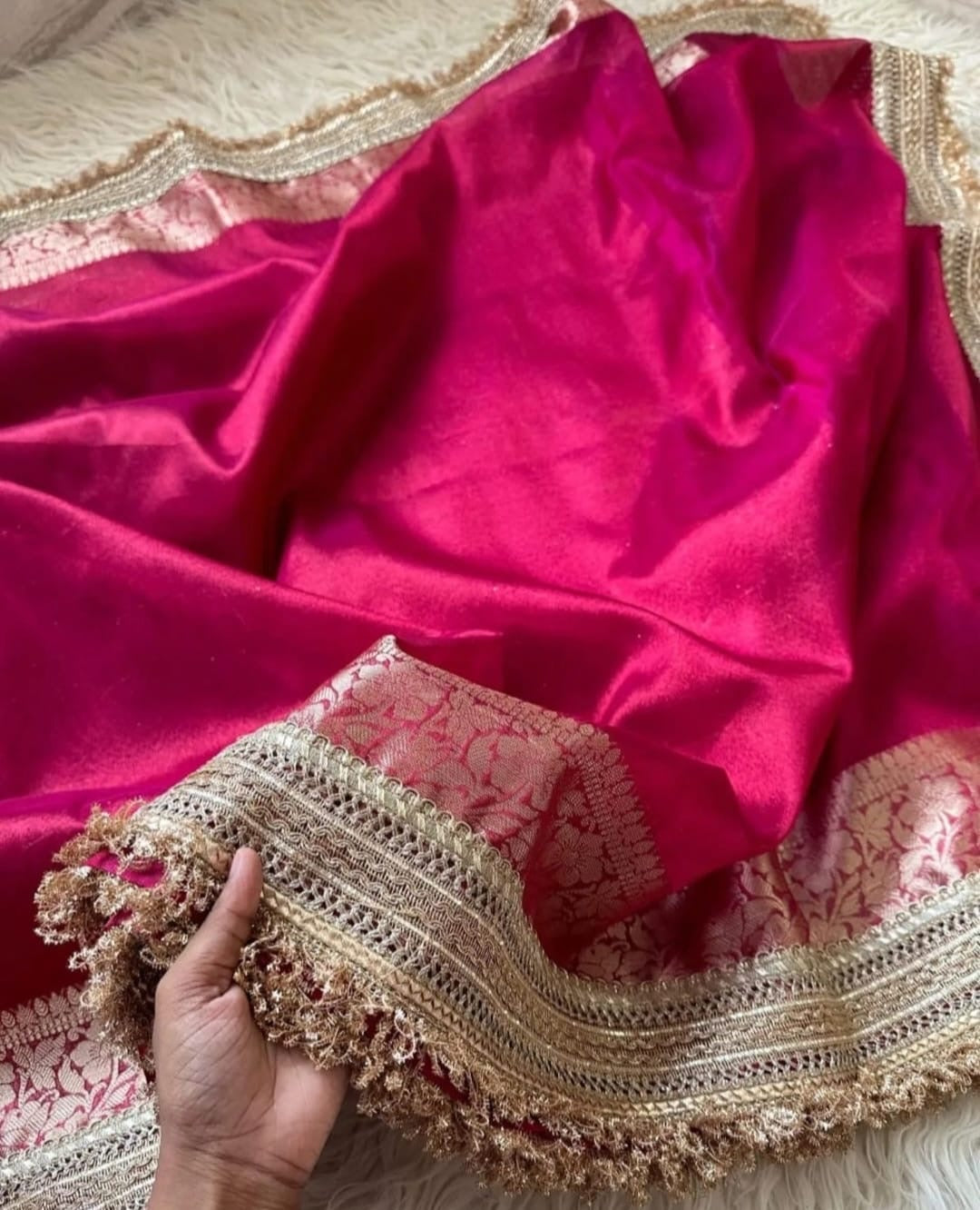 Rani Pink Premium Tissue Silk Lace Work Banarasi Saree