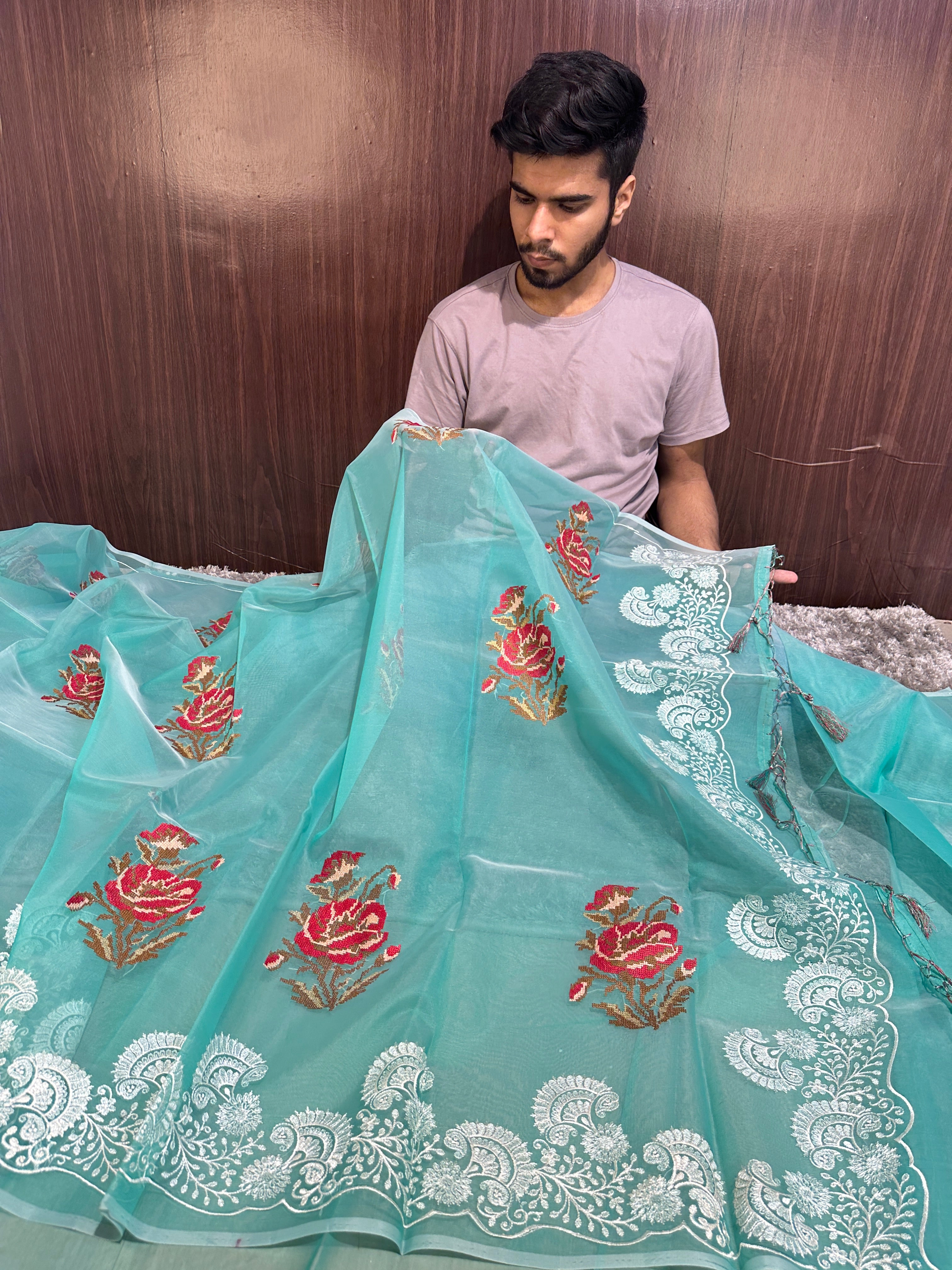 Pretty Seagreen Multi Floral Chikankari Banarasi Organza Silk Saree