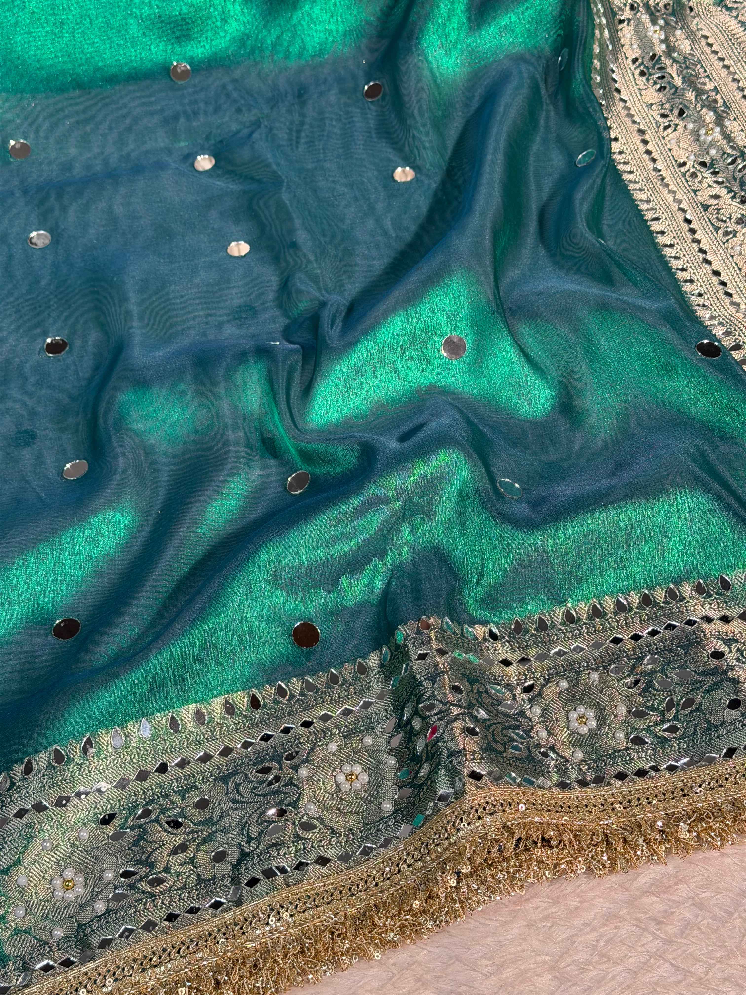 Metallic Sapphire Green Premium Tissue Silk Saree Hand Mirror Work with Lace Attached