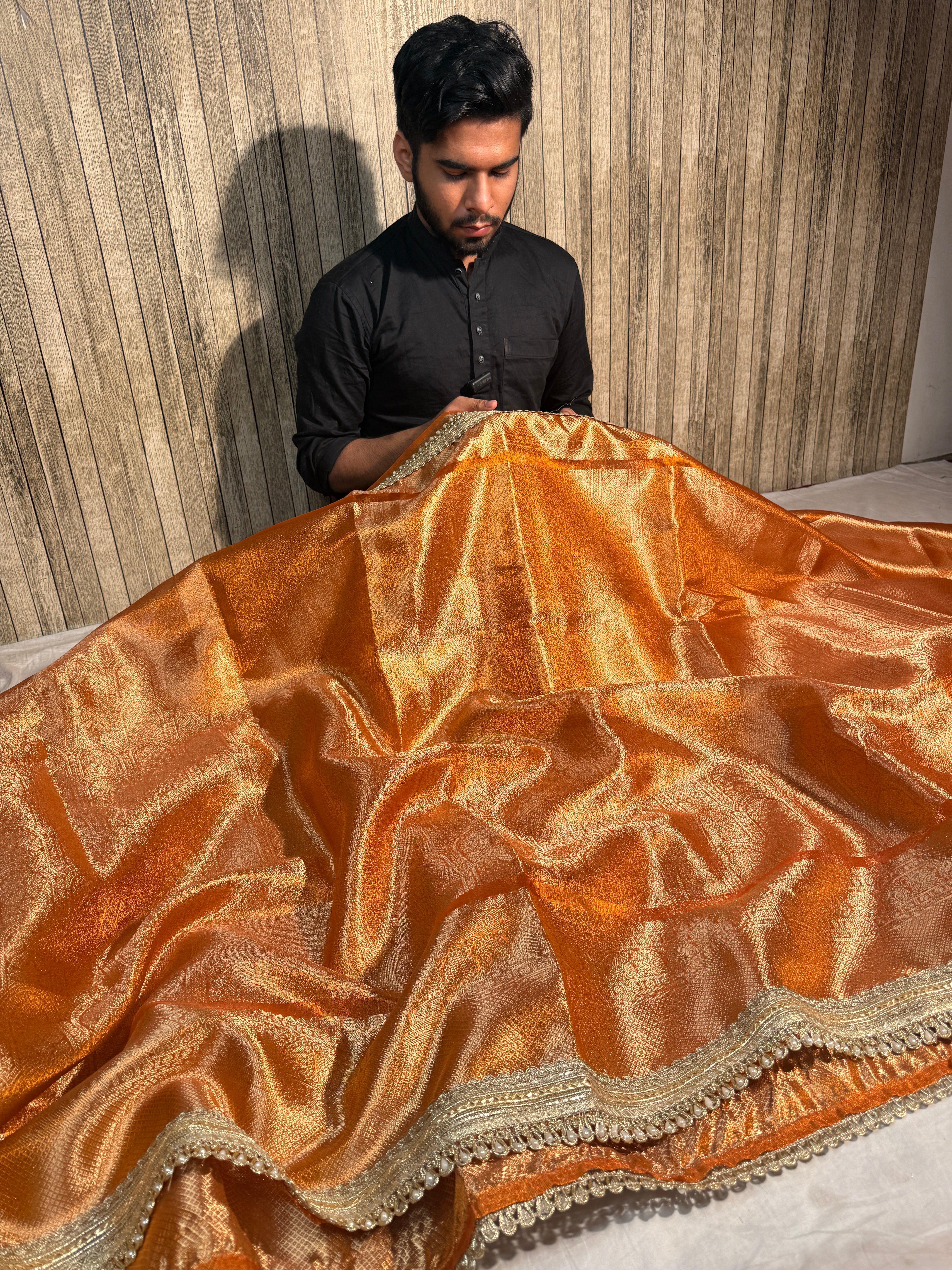 Metallic Orange Kanjeevaram Tissue Silk Moti Lace Attached Banarasi Saree