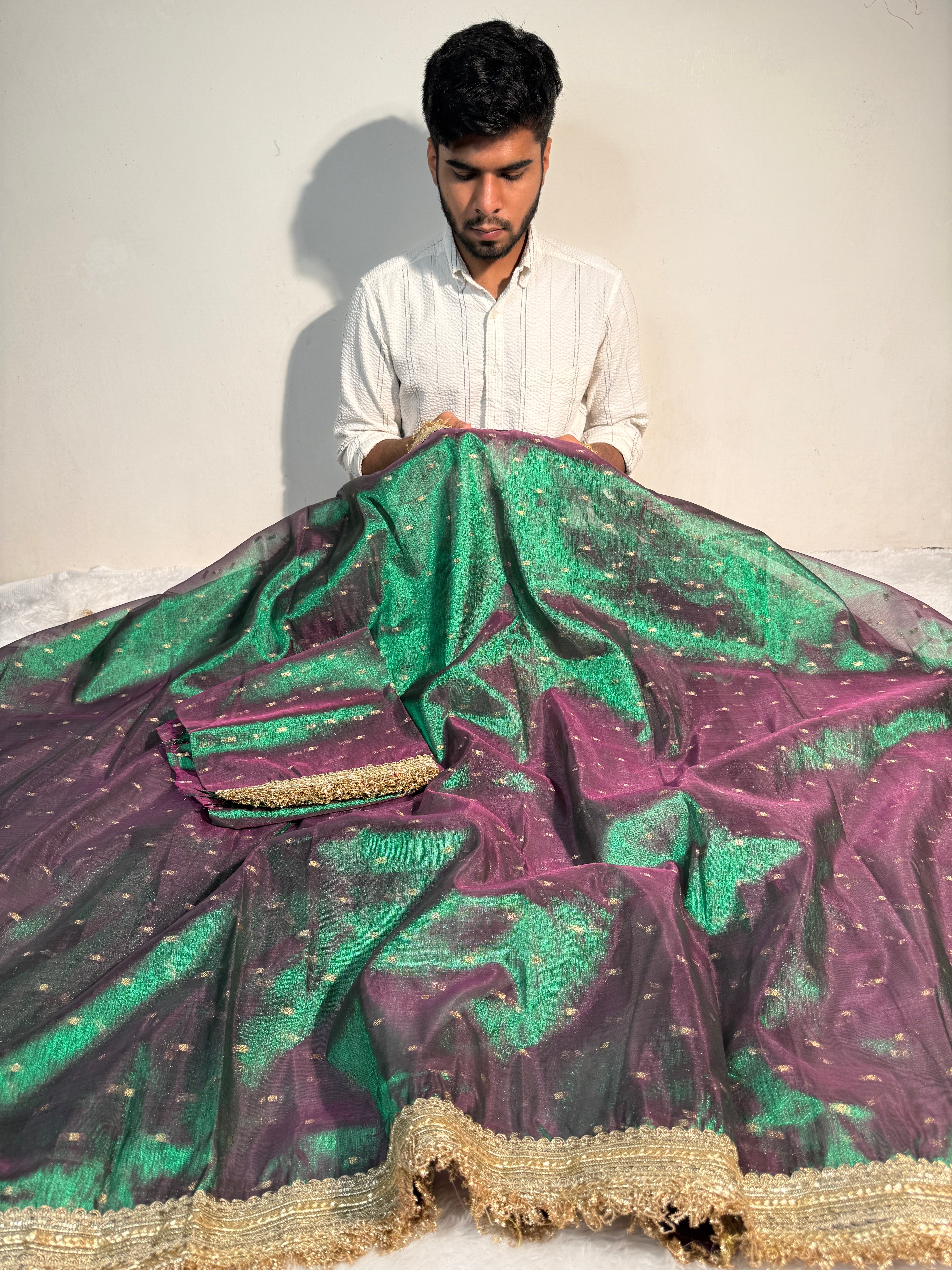 Ready To Wear Metallic Green Premium Tissue Silk Banarasi Saree with Lace Work