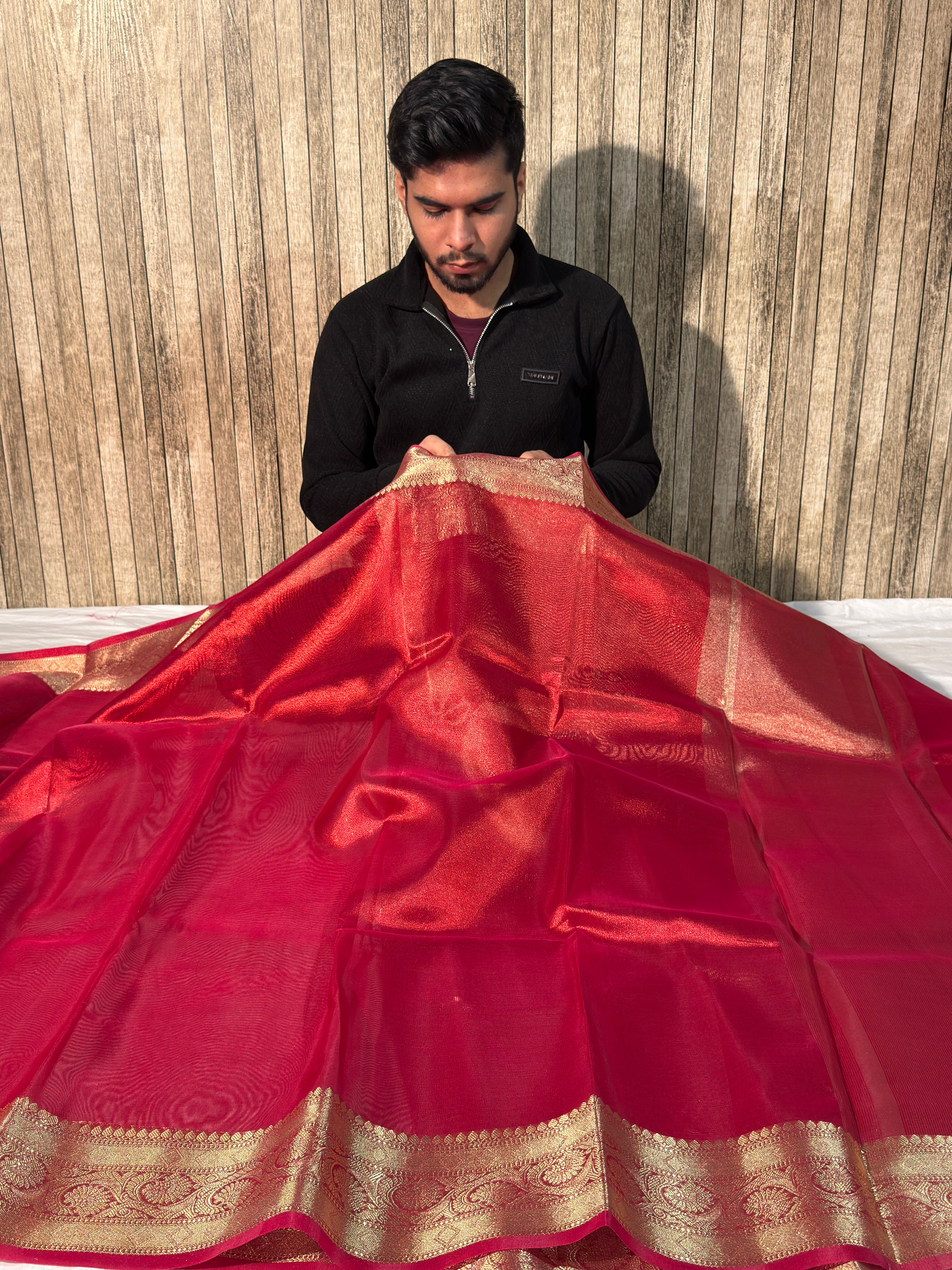Cherry Red Premium Tissue Silk Banarasi Saree