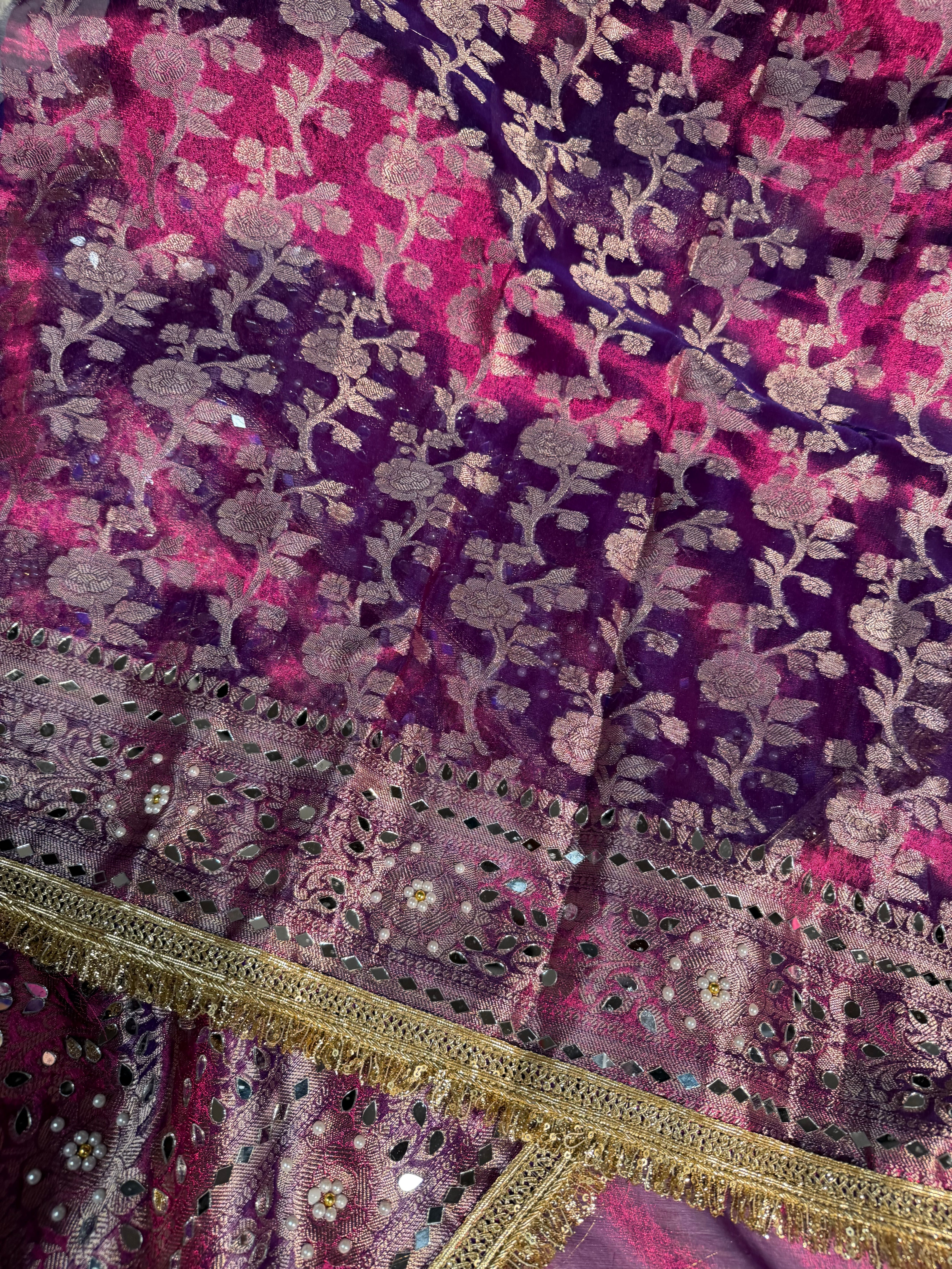 Metallic Rare Baigani Premium Tissue Silk Saree Hand Mirror Work with Lace Attached