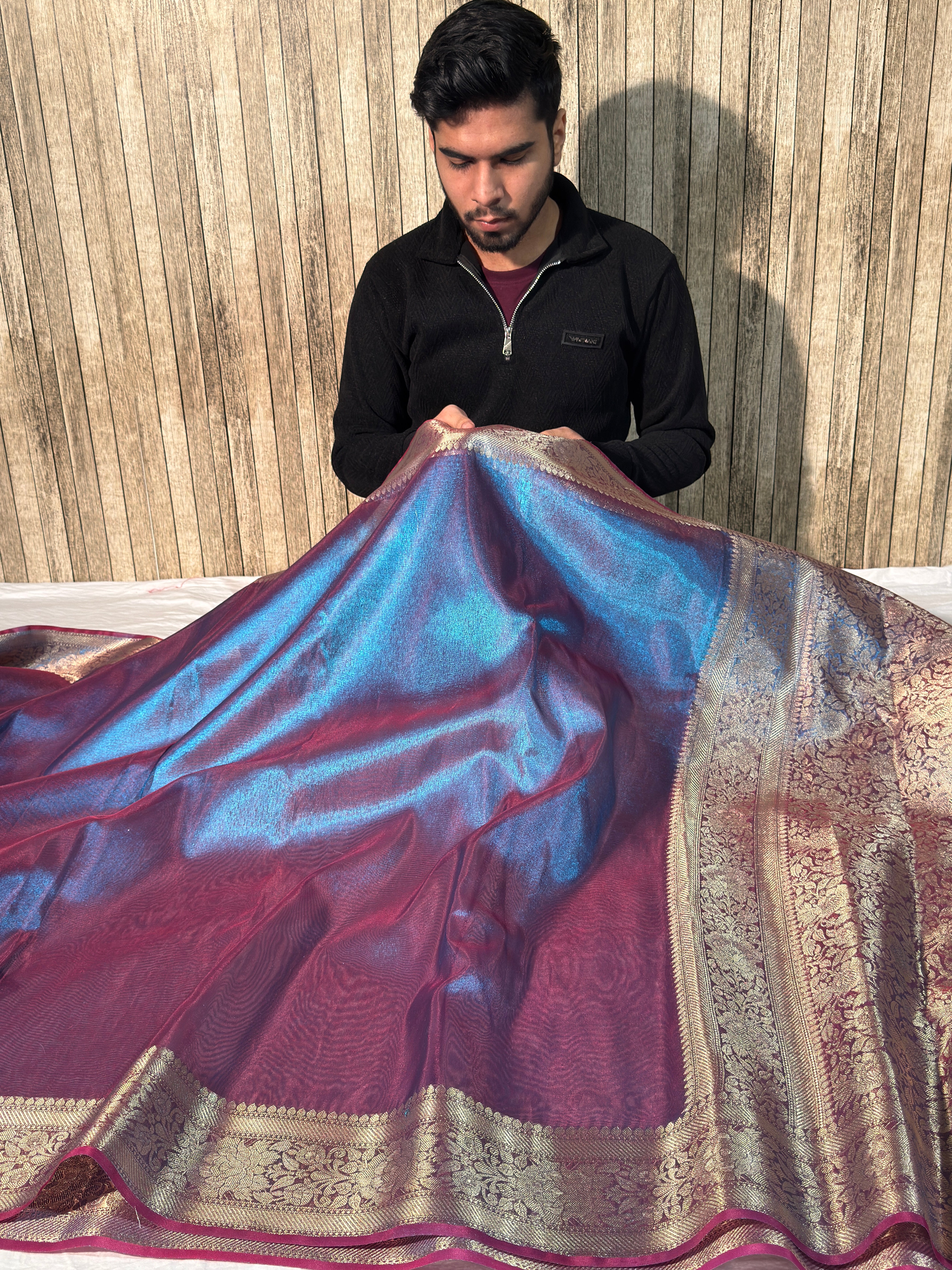 Dual Shaded Firozi Blue Premium Tissue Silk Banarasi Saree