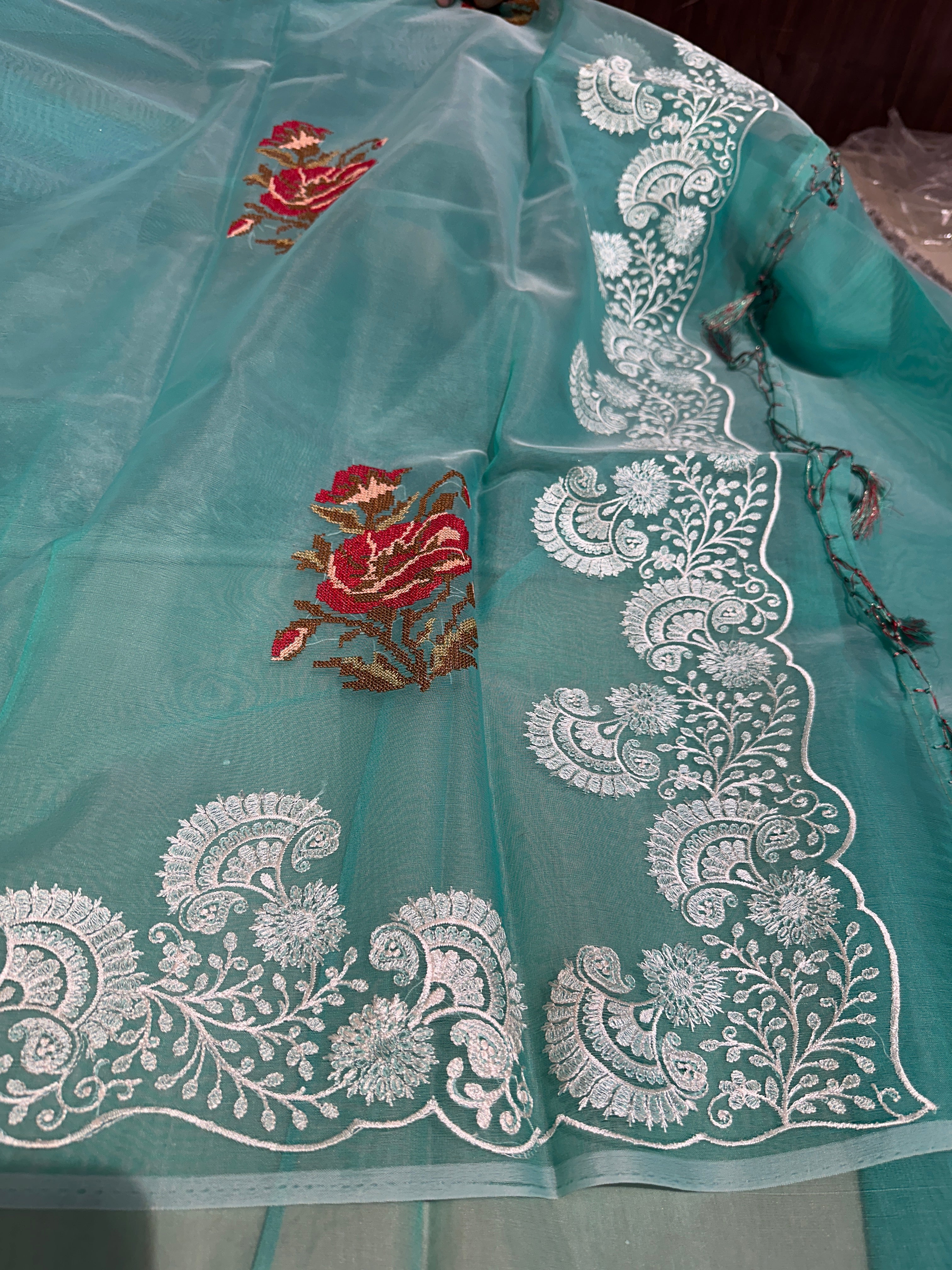 Pretty Seagreen Multi Floral Chikankari Banarasi Organza Silk Saree