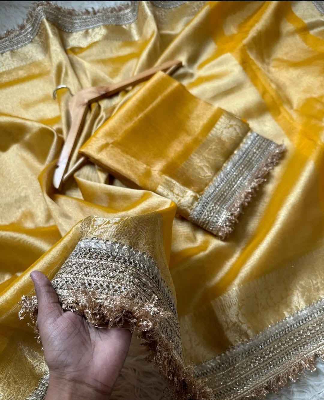 Yellow Premium Tissue Silk Lace Work Banarasi Saree
