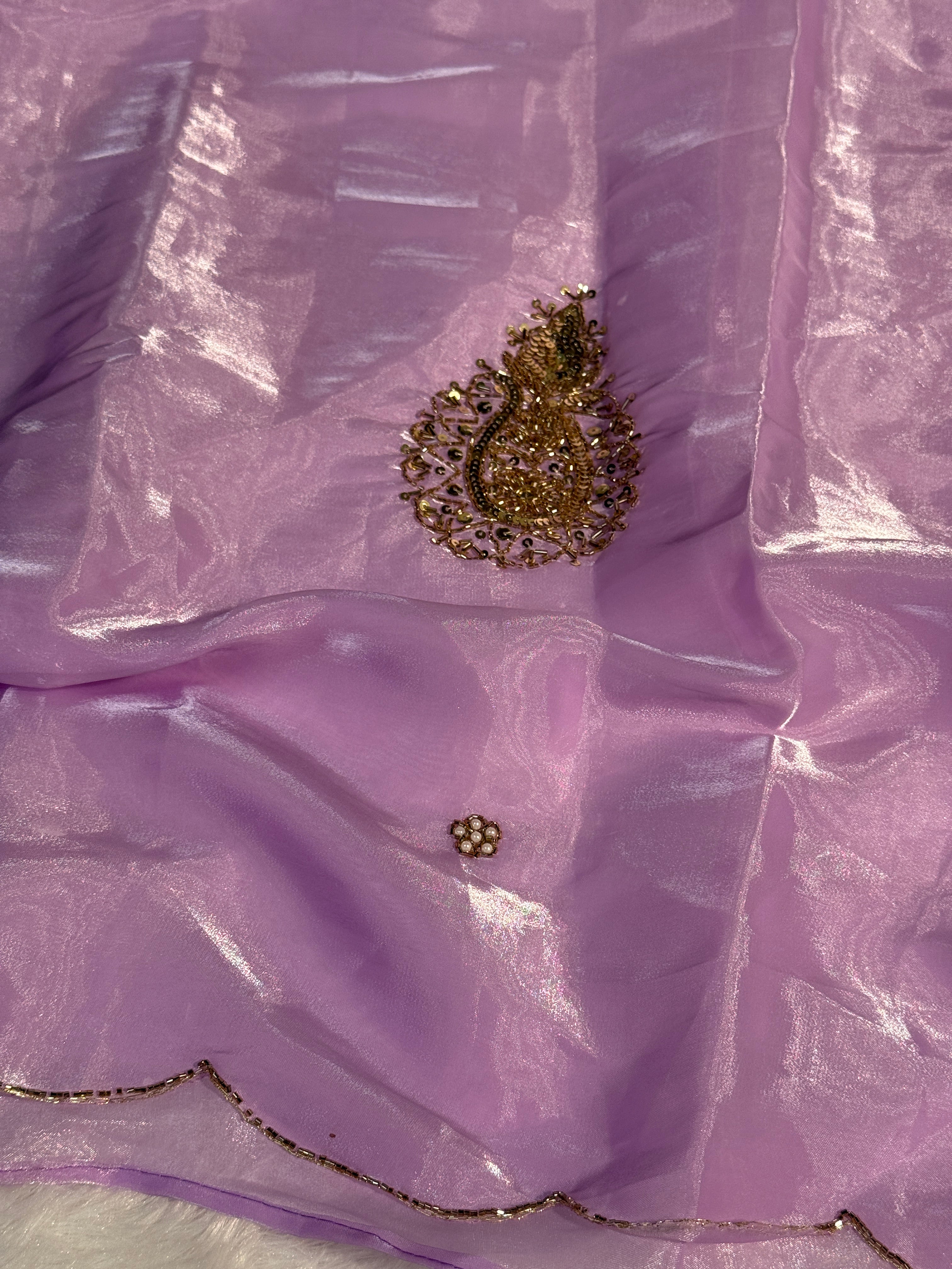 Ready To Wear Pastel Lavendar Shimmery Tissue Silk Handwork Saree