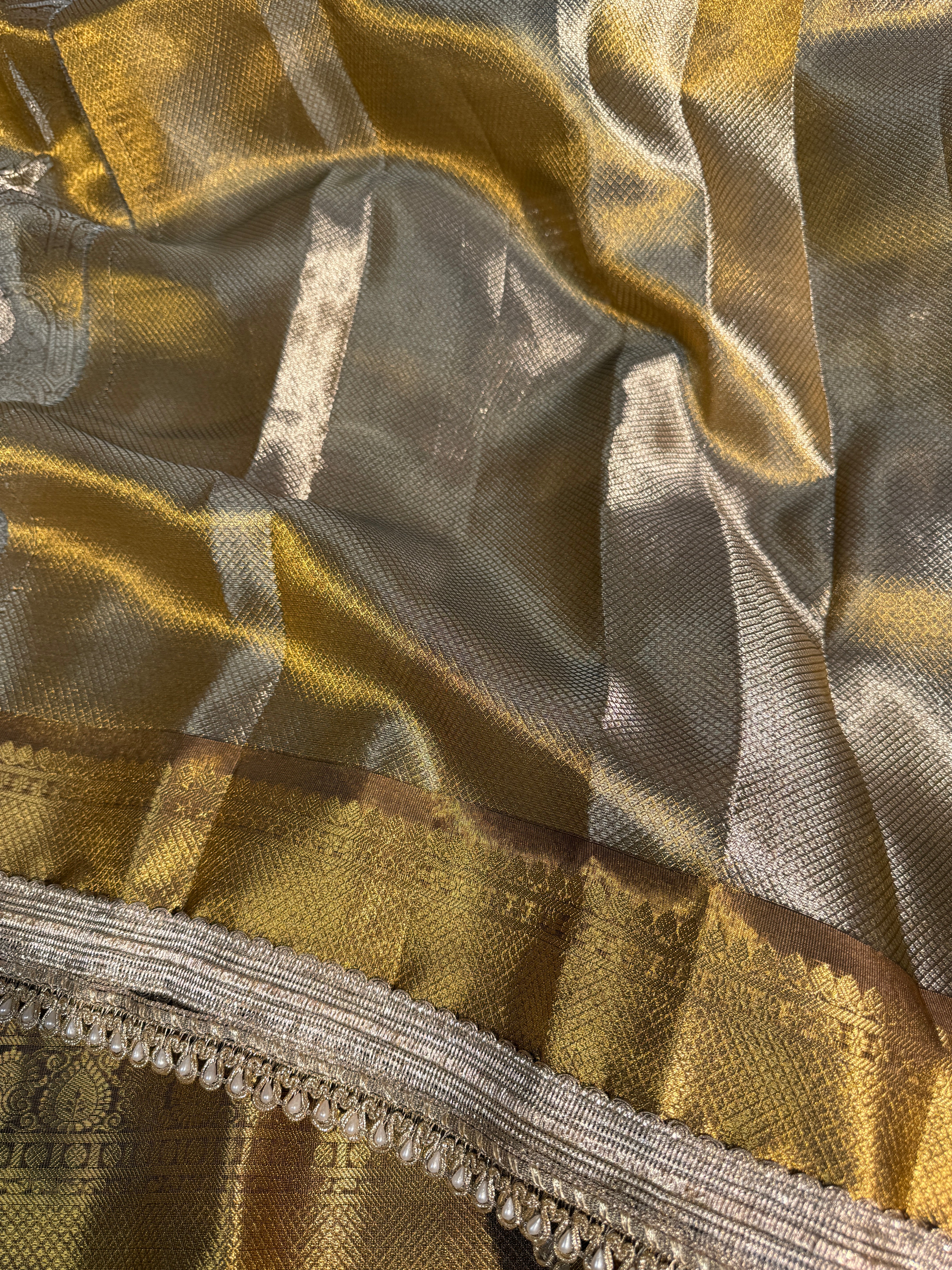 Shobhita Mam Inspired Kanjeevaram Tissue Silk Moti Lace Attached Banarasi Saree