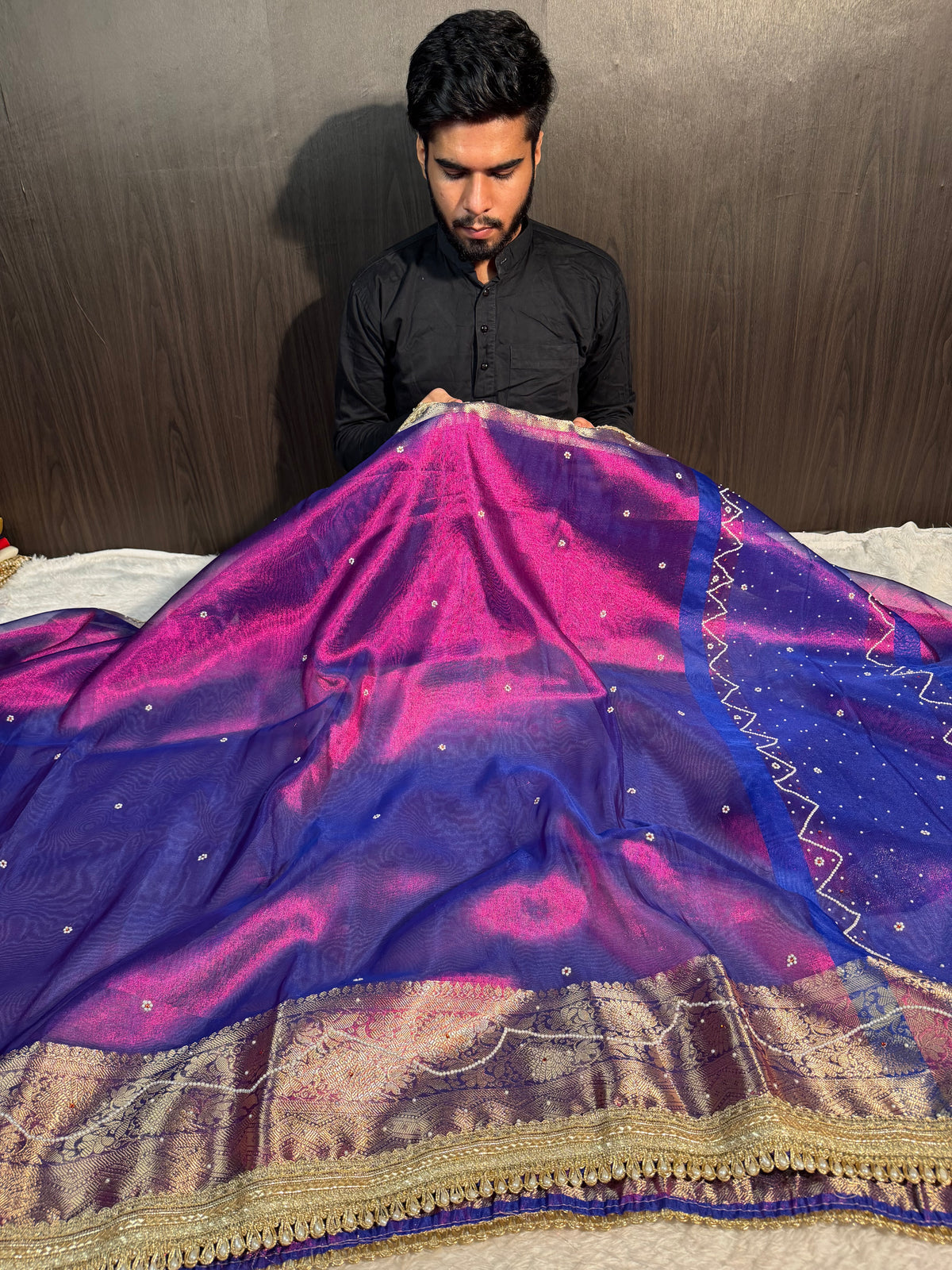 Metallic Baigani Premium Tissue Silk Saree with Moti Stone Work
