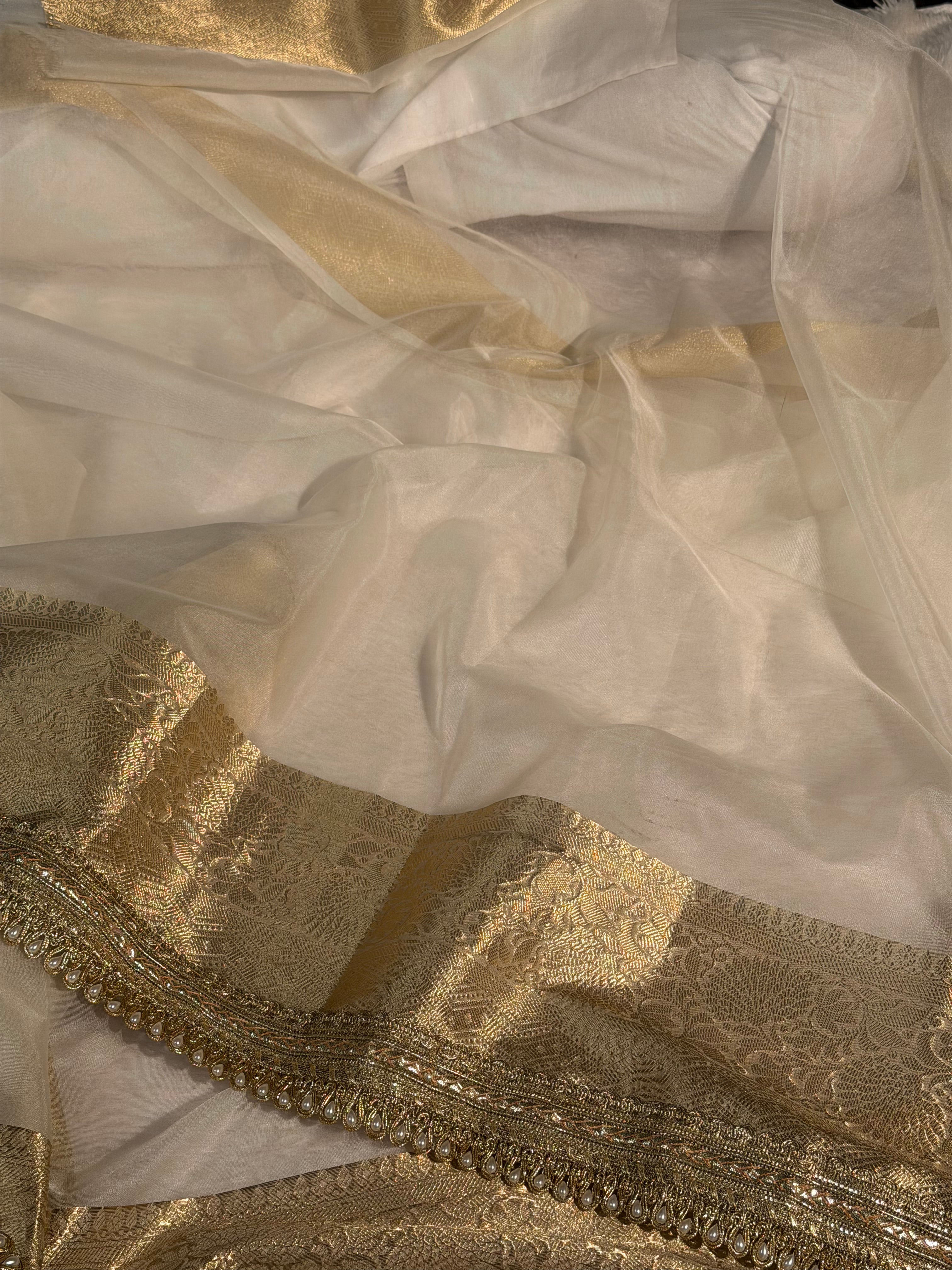 Light Cream Premium Organza Silk Banarasi Saree with Moti Lace