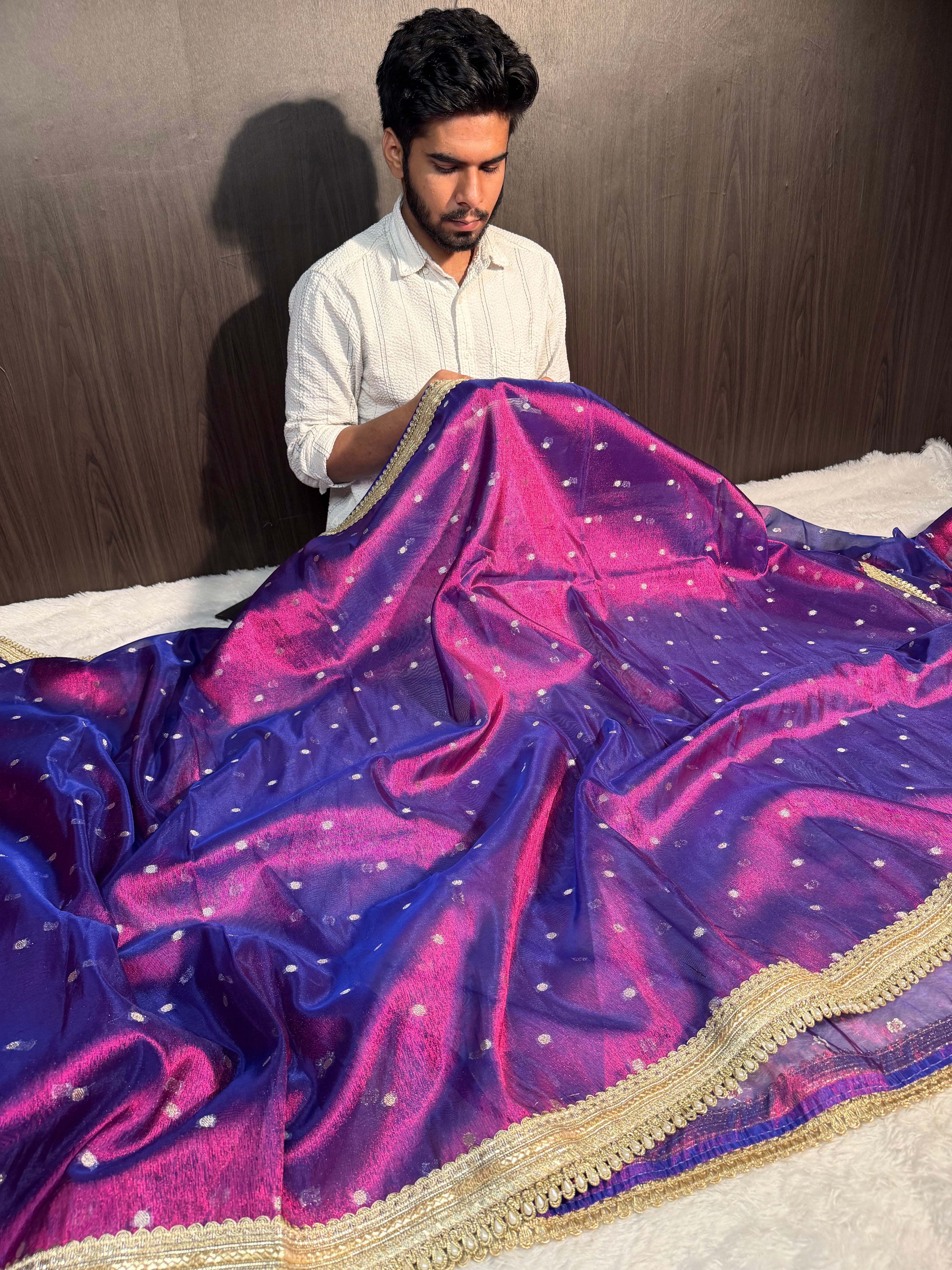 Rare Baigani Premium Tissue Silk Banarasi Saree with Moti Lace Work