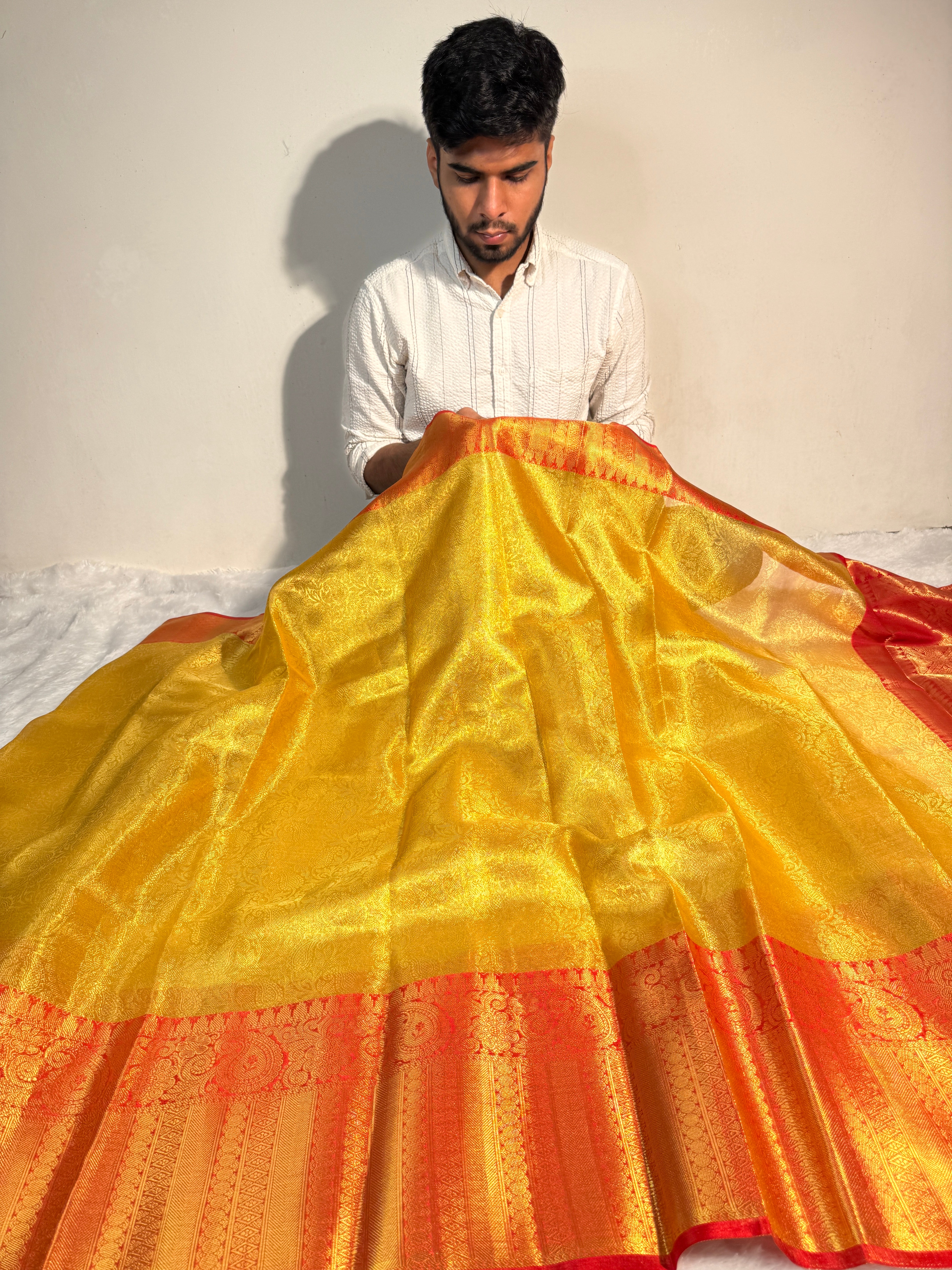 Ready To Wear Gold with Red Premium Tissue Silk Banarasi Saree