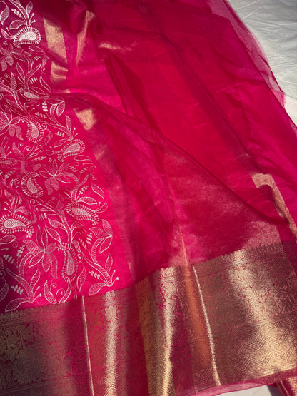 Rani Pink Exclusive Chikankari Banarasi Organza Silk Saree