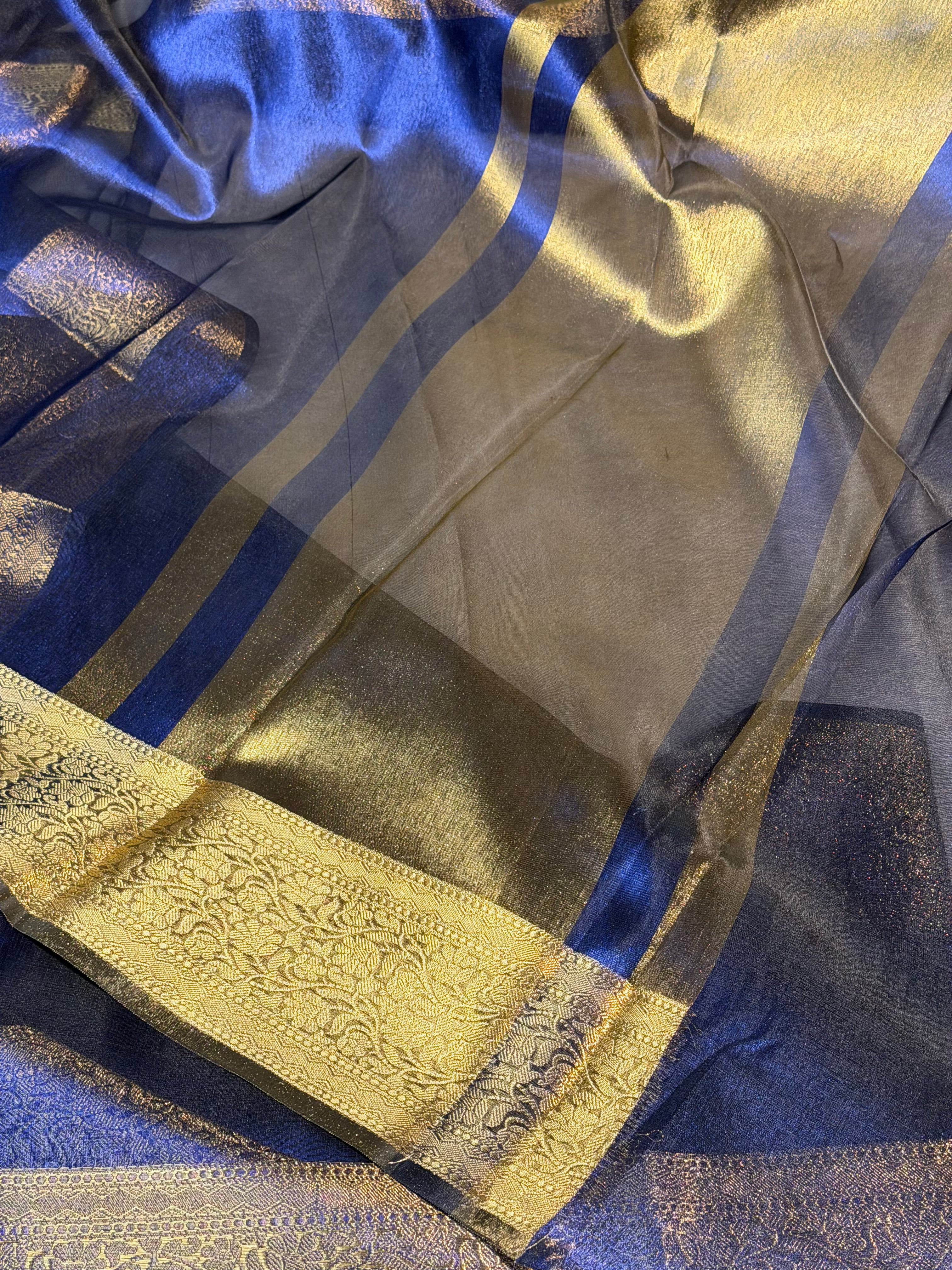 Metallic Blue Premium Banarasi Tissue Silk Saree with Traditional Weave Borders