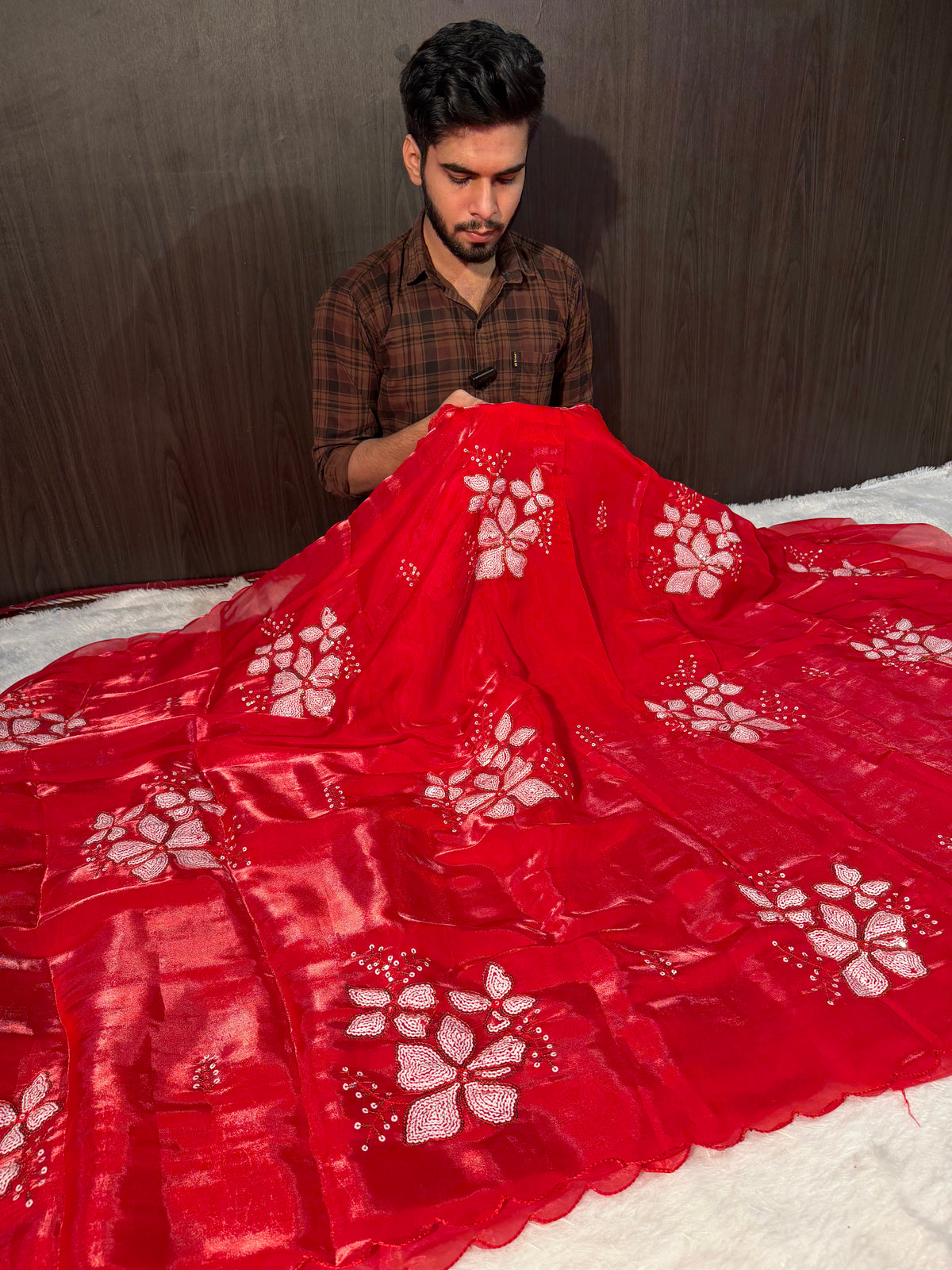 Celebrity Inspired Bridal Red Premium Shimmery Tissue Silk Designer Saree
