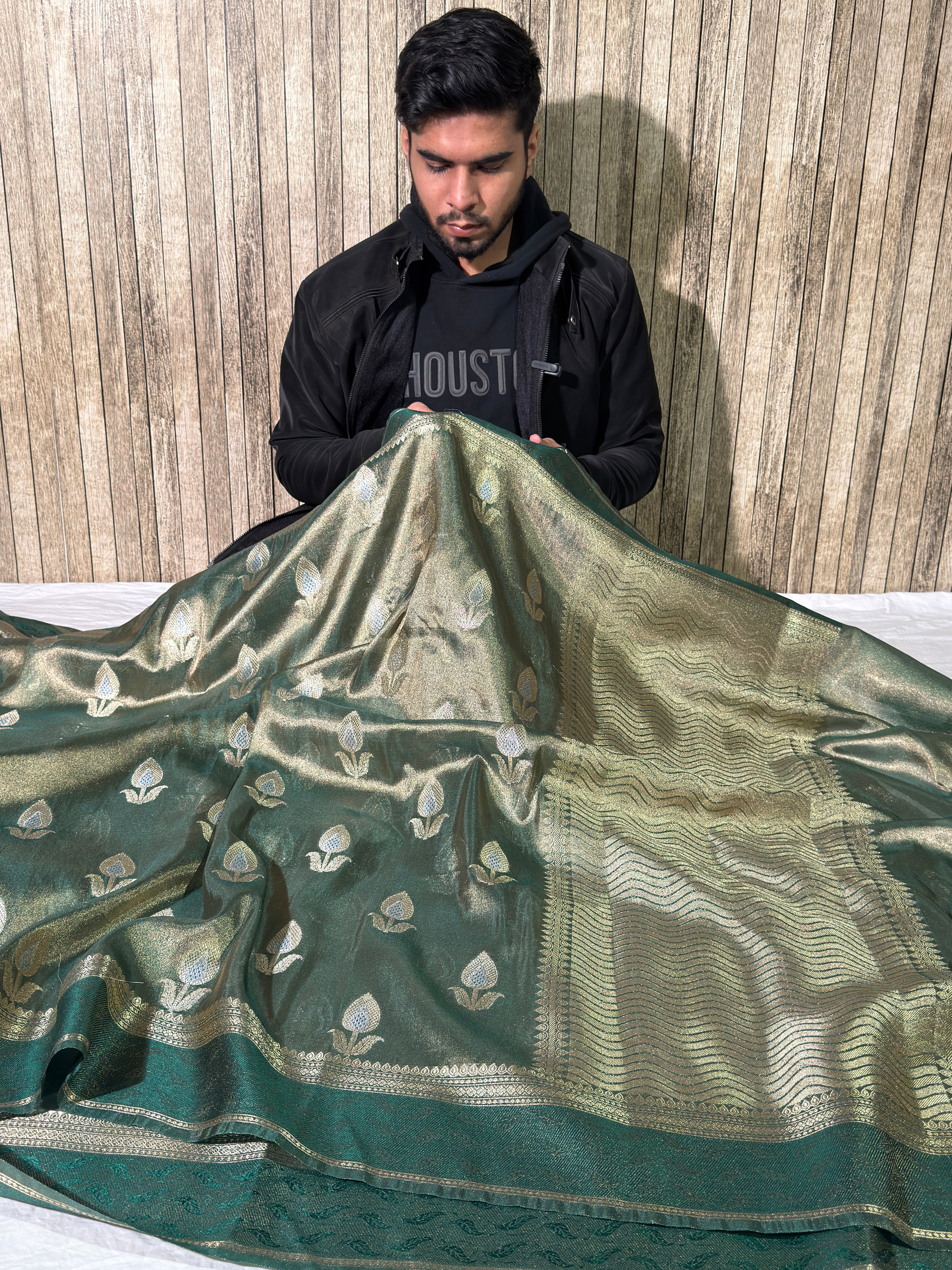 Metallic Bottle Green Premium Breathable Tissue Silk Banarasi Saree