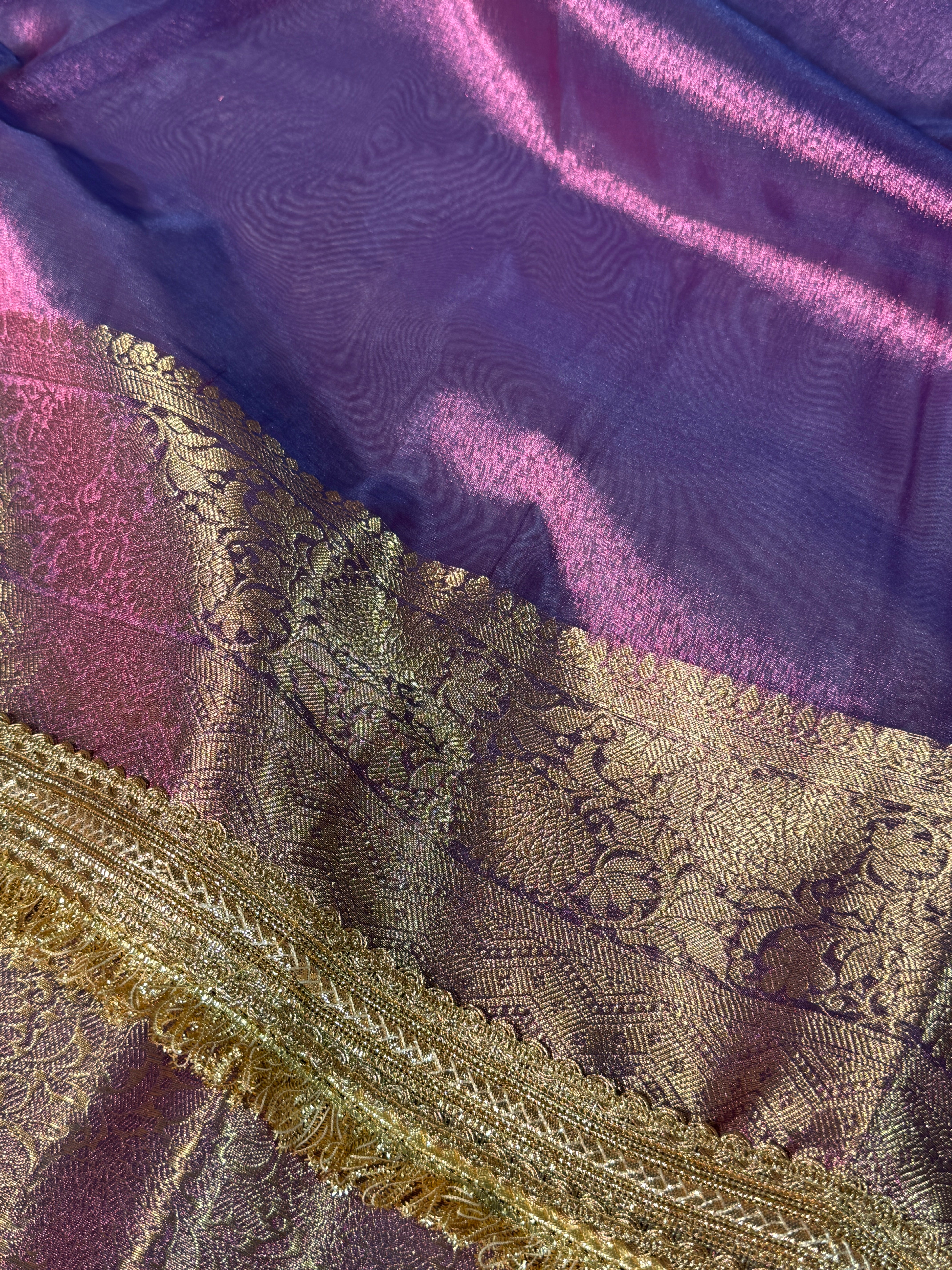 Rare Baigani Premium Tissue Silk Lace Work Banarasi Saree