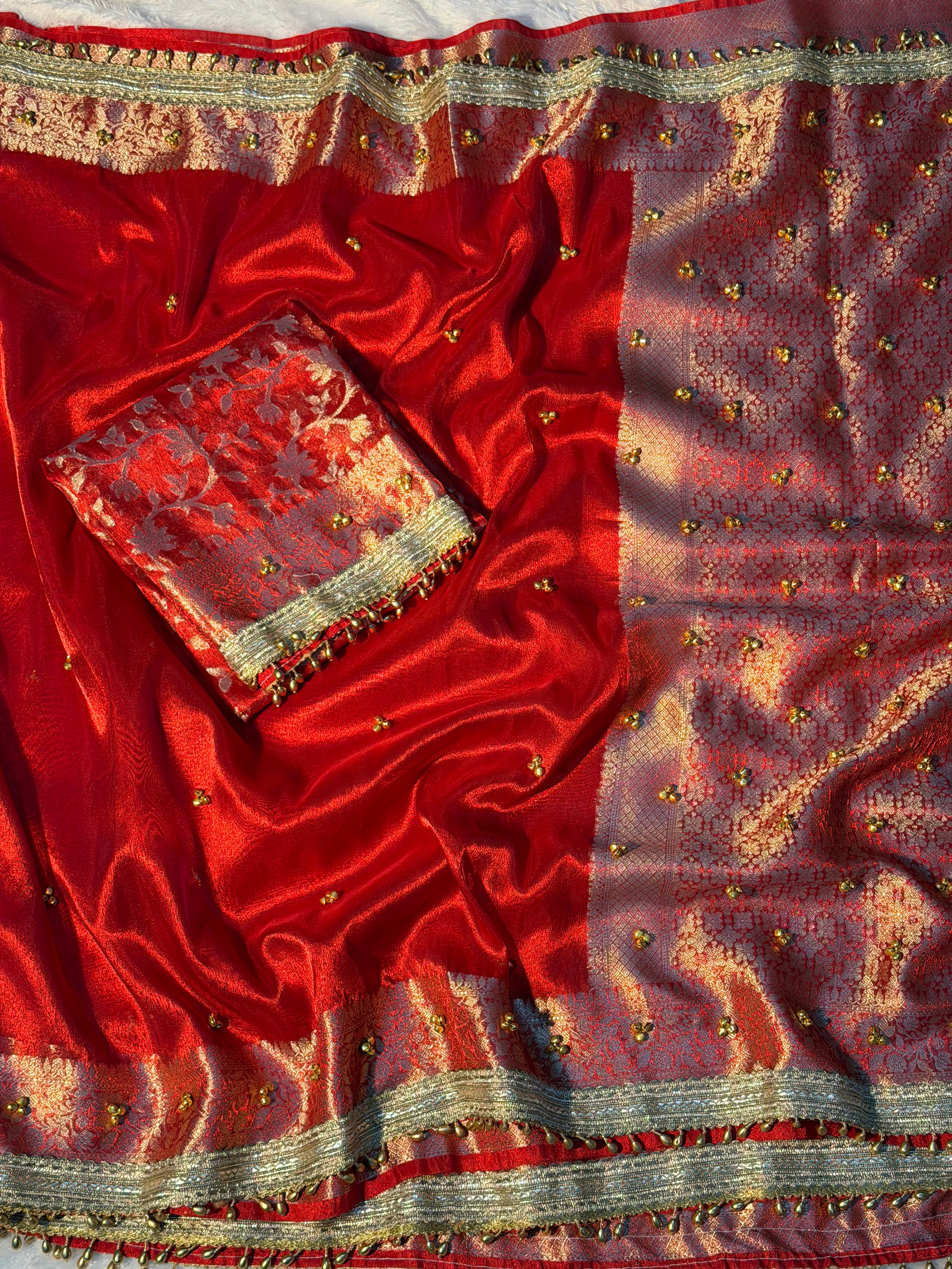 Ghungroo Handwork Bridal Red Premium Tissue Silk Banarasi Saree