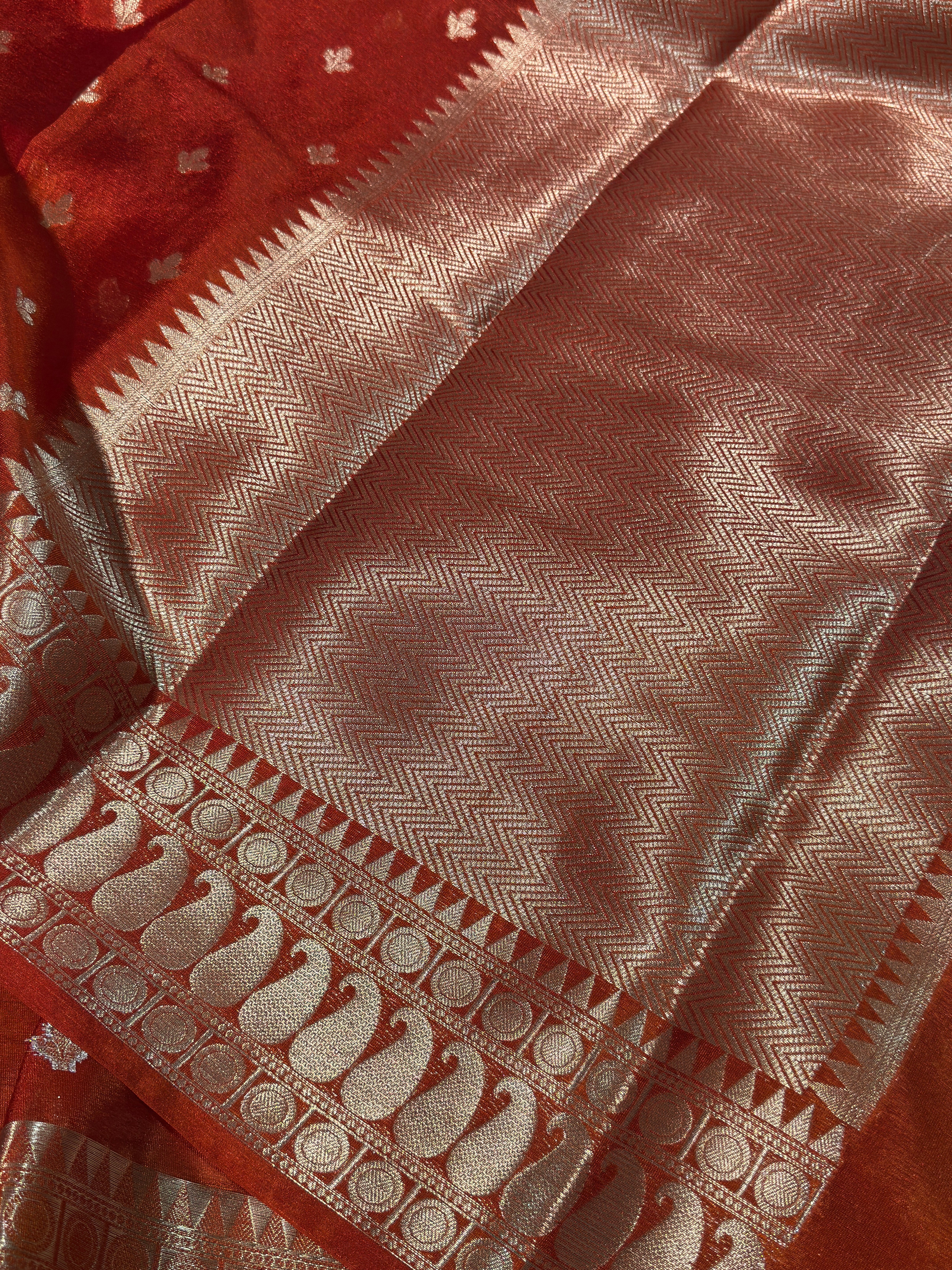 Rust Orange Premium Chiniya Silk Zari Buti Weave Banarasi Saree
