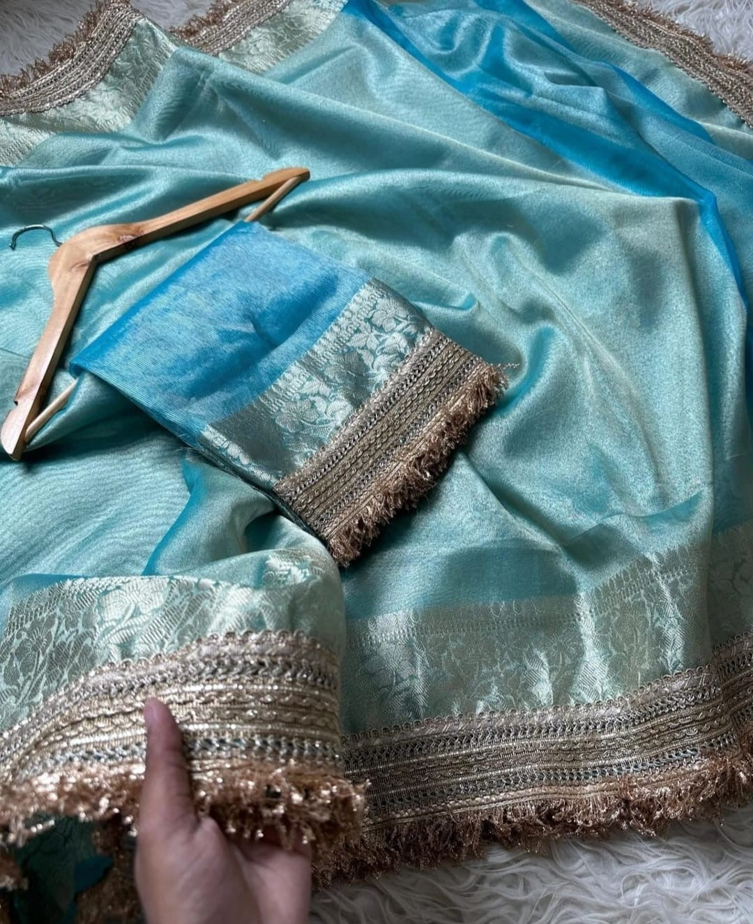 Sky Blue Premium Tissue Silk Lace Work Banarasi Saree
