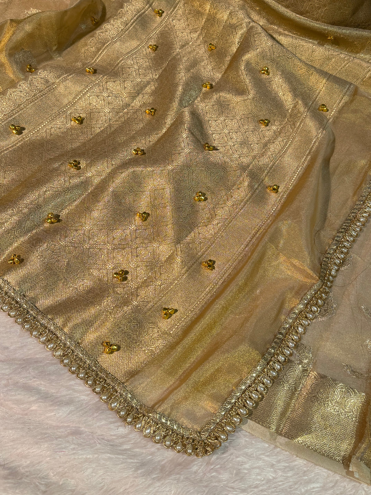 Ghungroo Handwork Allover Gold Premium Tissue Silk Banarasi Saree