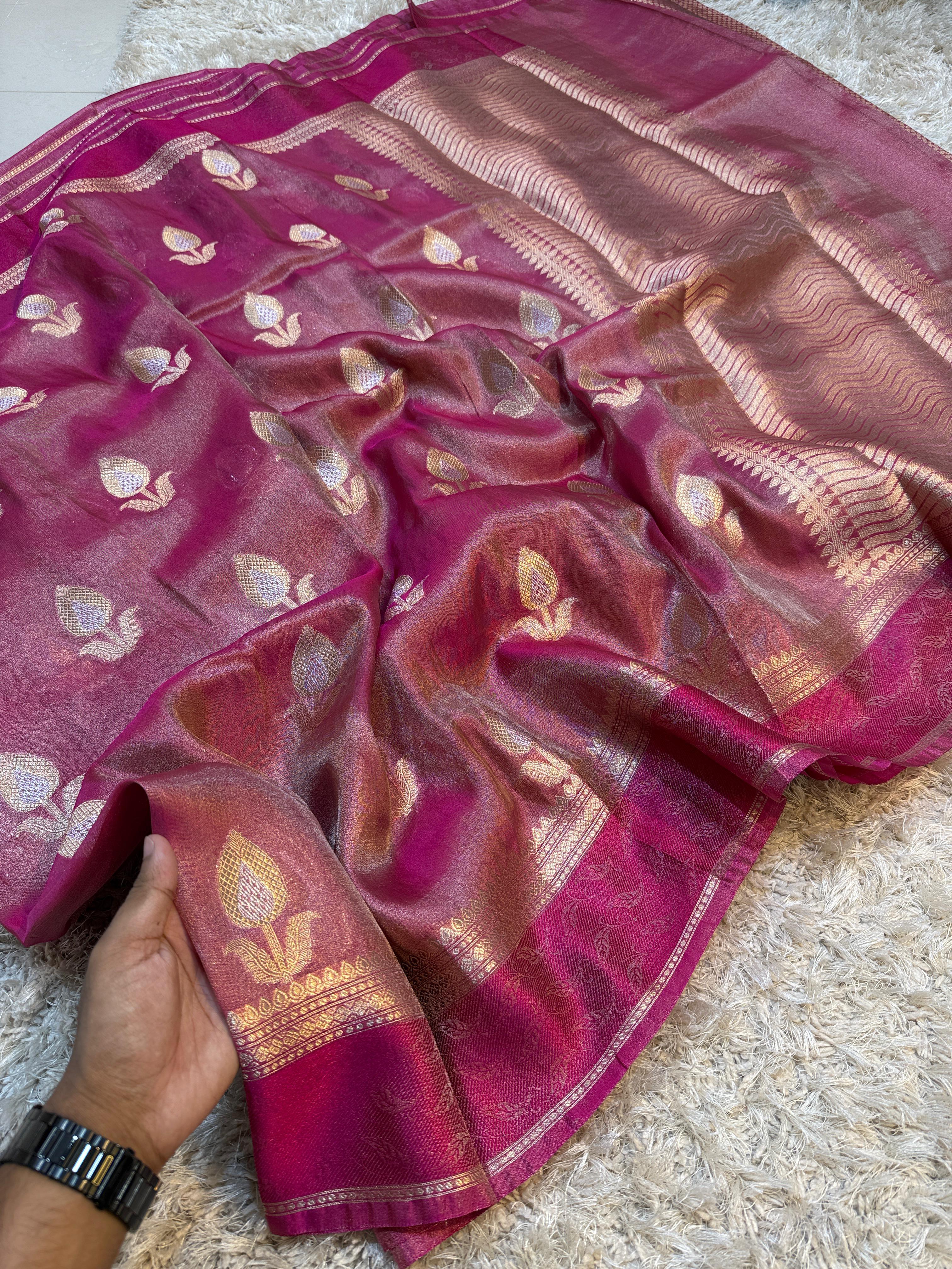 Metallic Pink Floral Weave Banarasi Tissue Silk Saree