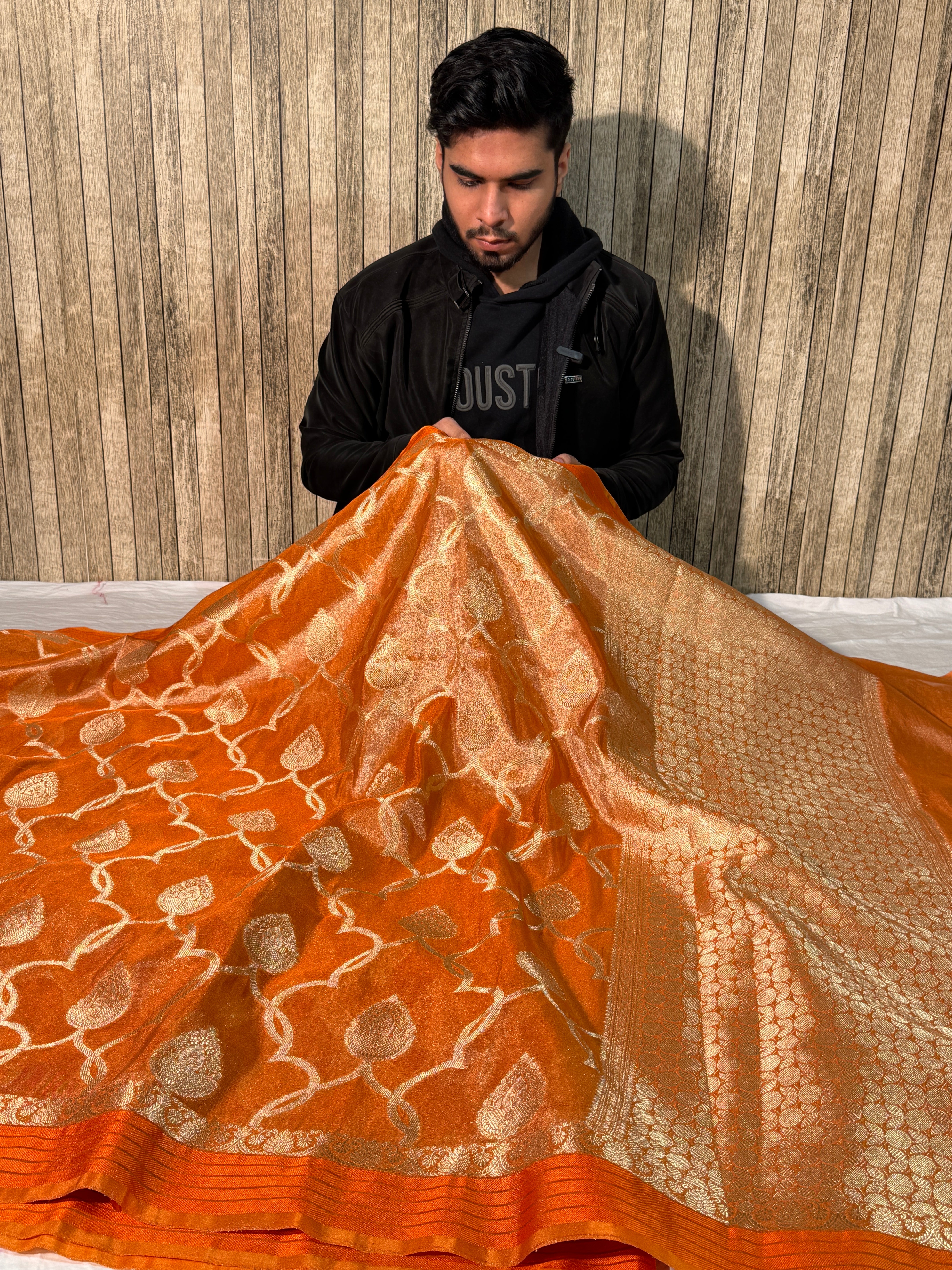 Metallic Orange Premium Breathable Tissue Silk Banarasi Saree