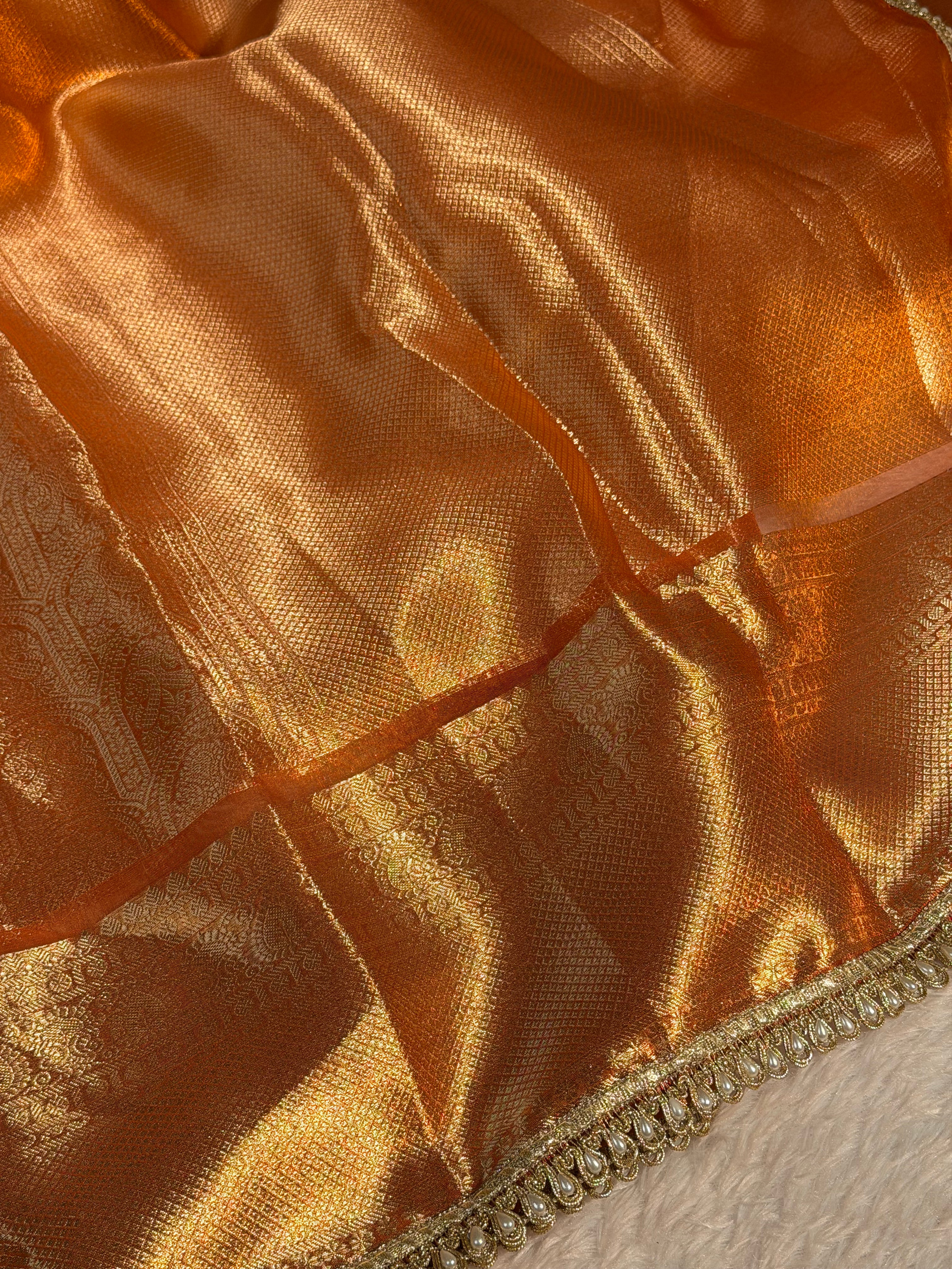 Metallic Orange Kanjeevaram Tissue Silk Banarasi Saree with Moti Lace